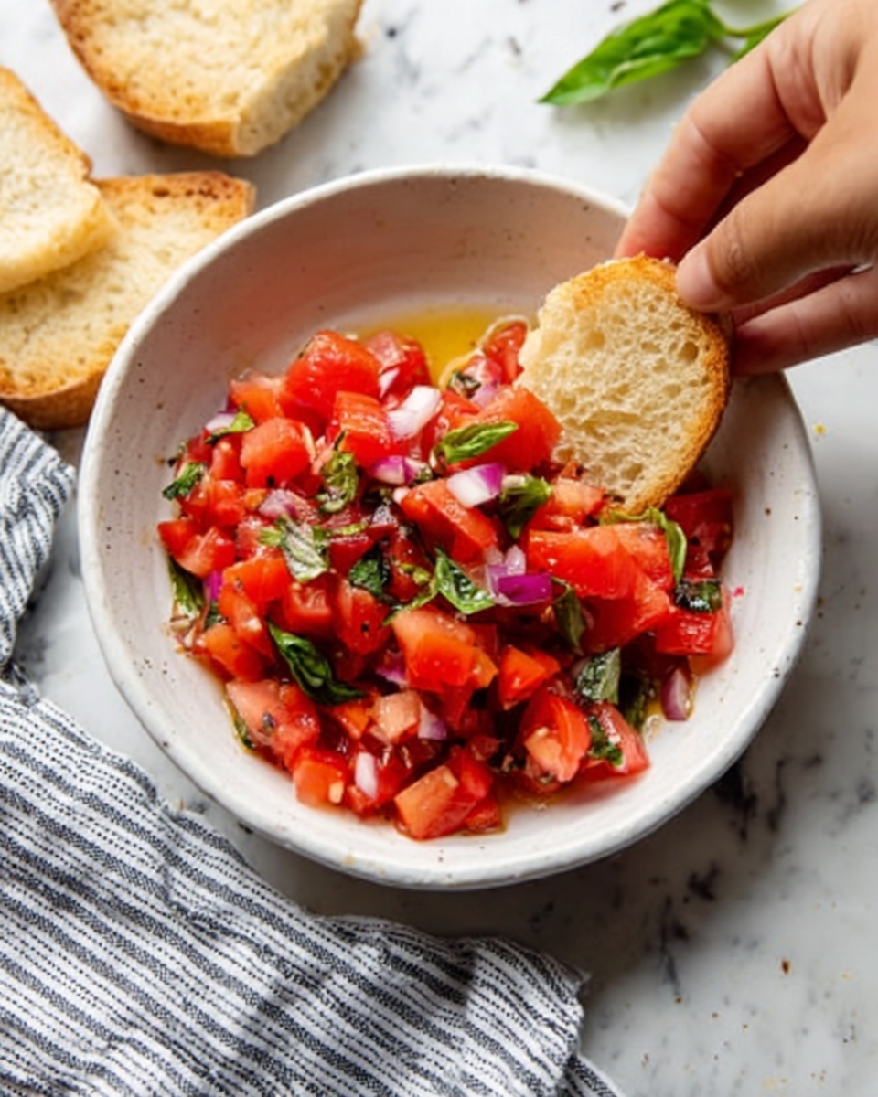 The image shows a white bowl filled with diced bright red tomatoes mixed with small pieces of purple onion and fresh green basil leaves, all coated in a light shine of olive oil. A woman's hand is dipping a round piece of crusty, golden-brown bread into the bowl, slightly breaking it as it touches the tomato mixture. The bowl sits on a white marbled surface with a striped cloth to the left and some more pieces of similar bread nearby. photo taken with an iphone --ar 4:5 --v 7
