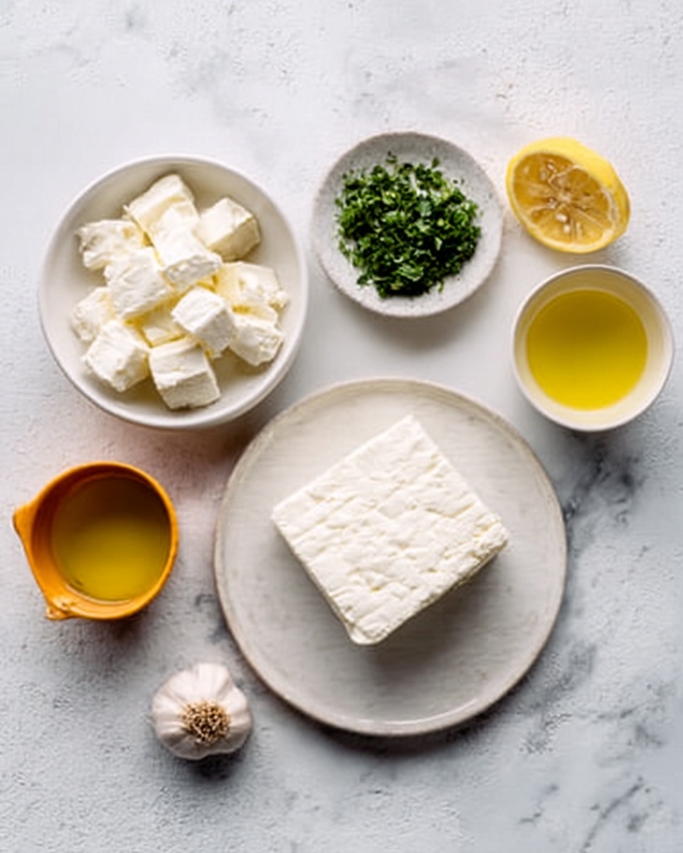 The image shows a white plate with a block of white soft cheese on it, placed on a white marbled surface. Nearby, there is a small white bowl filled with white cheese pieces, a small white bowl with green chopped herbs, an orange-yellow cup with golden oil, a lemon half with visible seeds, and a whole garlic bulb. The colors are soft and natural, giving a fresh and clean look. Photo taken with an iphone --ar 4:5 --v 7