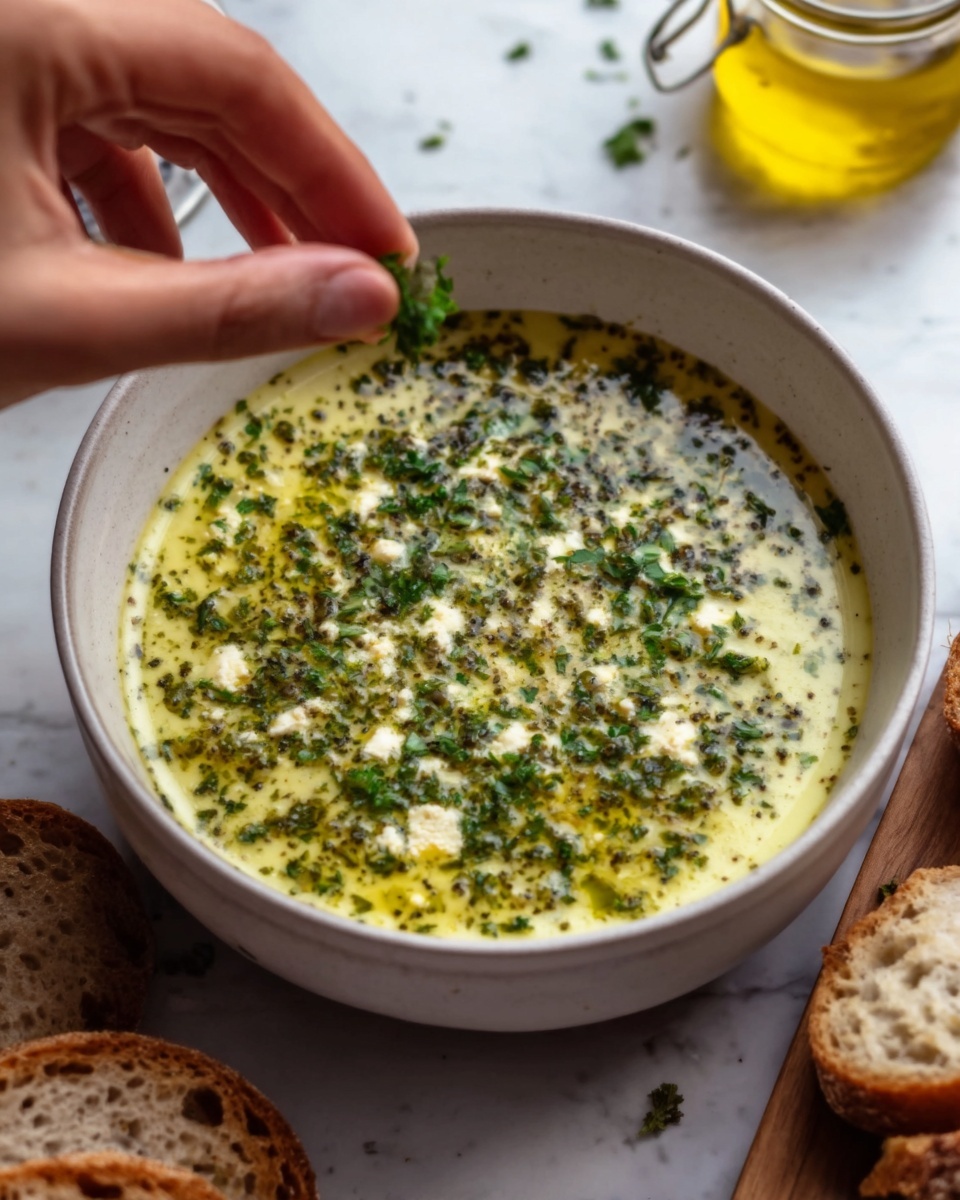 The image shows a white bowl filled with a yellow-green liquid topped with finely chopped green herbs and scattered small white cheese pieces. The liquid appears to have an oily texture with herbs evenly spread throughout. The bowl is placed on a white marbled surface, with fresh green herbs and slices of brown crusty bread positioned in the background, adding a natural and fresh look to the scene. Photo taken with an iphone --ar 4:5 --v 7