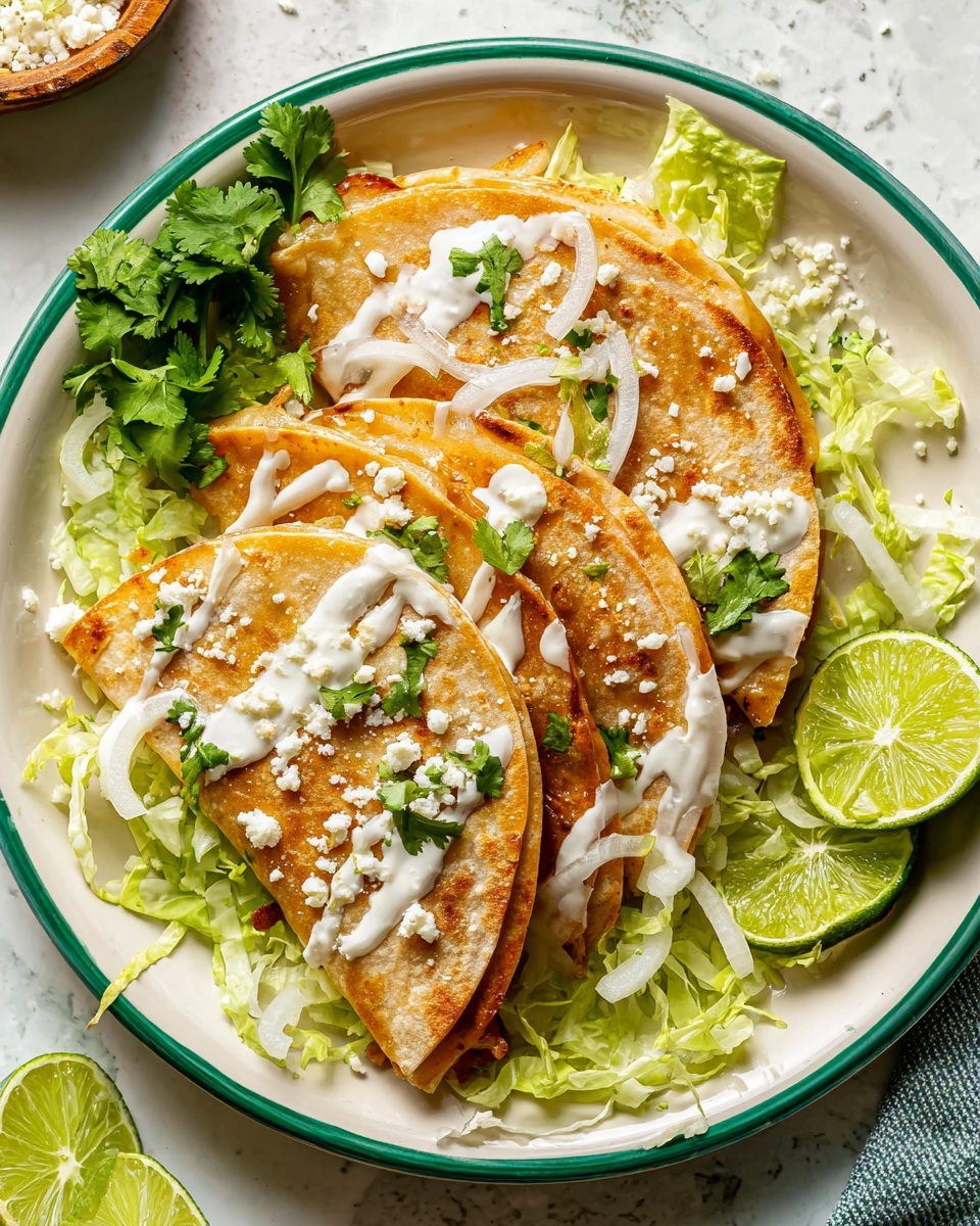 Three folded golden brown quesadillas are stacked on a white plate with a thin green rim, resting on a white marbled surface. Underneath the quesadillas, there is a bed of shredded light green lettuce. Thin rings of white onion are scattered on top, along with a drizzle of white creamy sauce and sprinkled white cheese crumbs. A small bunch of fresh green cilantro leaves is placed on the left side of the quesadillas, and two bright green lime wedges sit on the bottom right side of the plate. Photo taken with an iphone --ar 4:5 --v 7