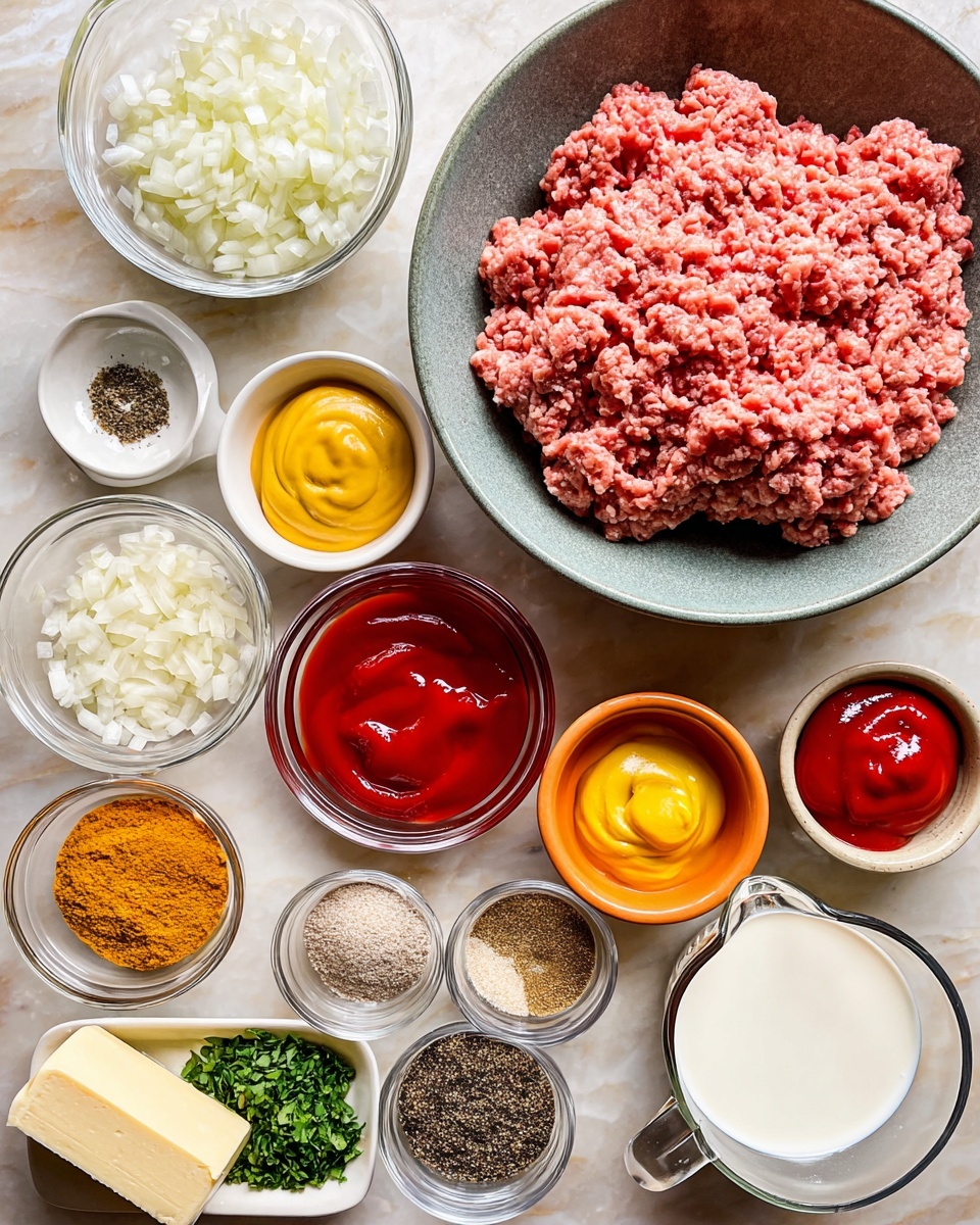 A collection of ingredients arranged on a white marbled surface, featuring a large grey bowl filled with pink ground meat slightly textured and uneven on top, surrounded by multiple small white bowls and glass containers. Visible ingredients include finely chopped white onions in a clear glass bowl, bright red smooth ketchup in a glass bowl, yellow mustard in a small white bowl, an orange ceramic bowl with a yellow powder, a round white bowl with a stack of various dry spices like salt, black pepper, paprika, and green herbs arranged in segments, a glass measuring cup holding white milk, and a small white dish with a stick of butter. The setup creates a colorful and textured display of cooking components. Photo taken with an iphone --ar 4:5 --v 7