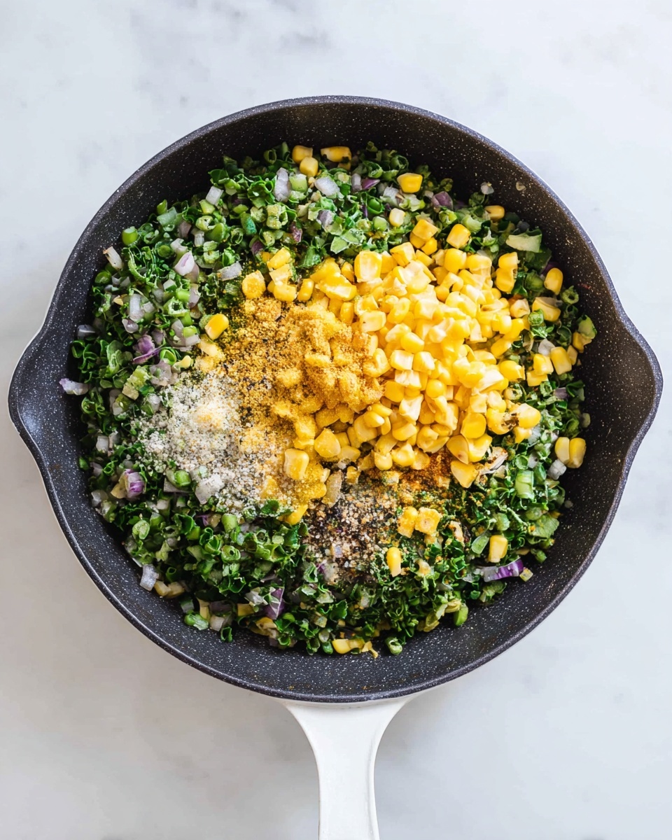 A top view of a black skillet with a white handle sits on a white marbled surface. Inside the skillet, the bottom layer is finely chopped green vegetables mixed with some small bits of purple and white. On top of this, there is a pile of bright yellow grilled corn kernels and pieces of corn cob placed near the center. There are small piles of salt and ground pepper on the green vegetable layer near the corn. The overall look is colorful and fresh with a mix of yellow, green, and white tones. photo taken with an iphone --ar 4:5 --v 7