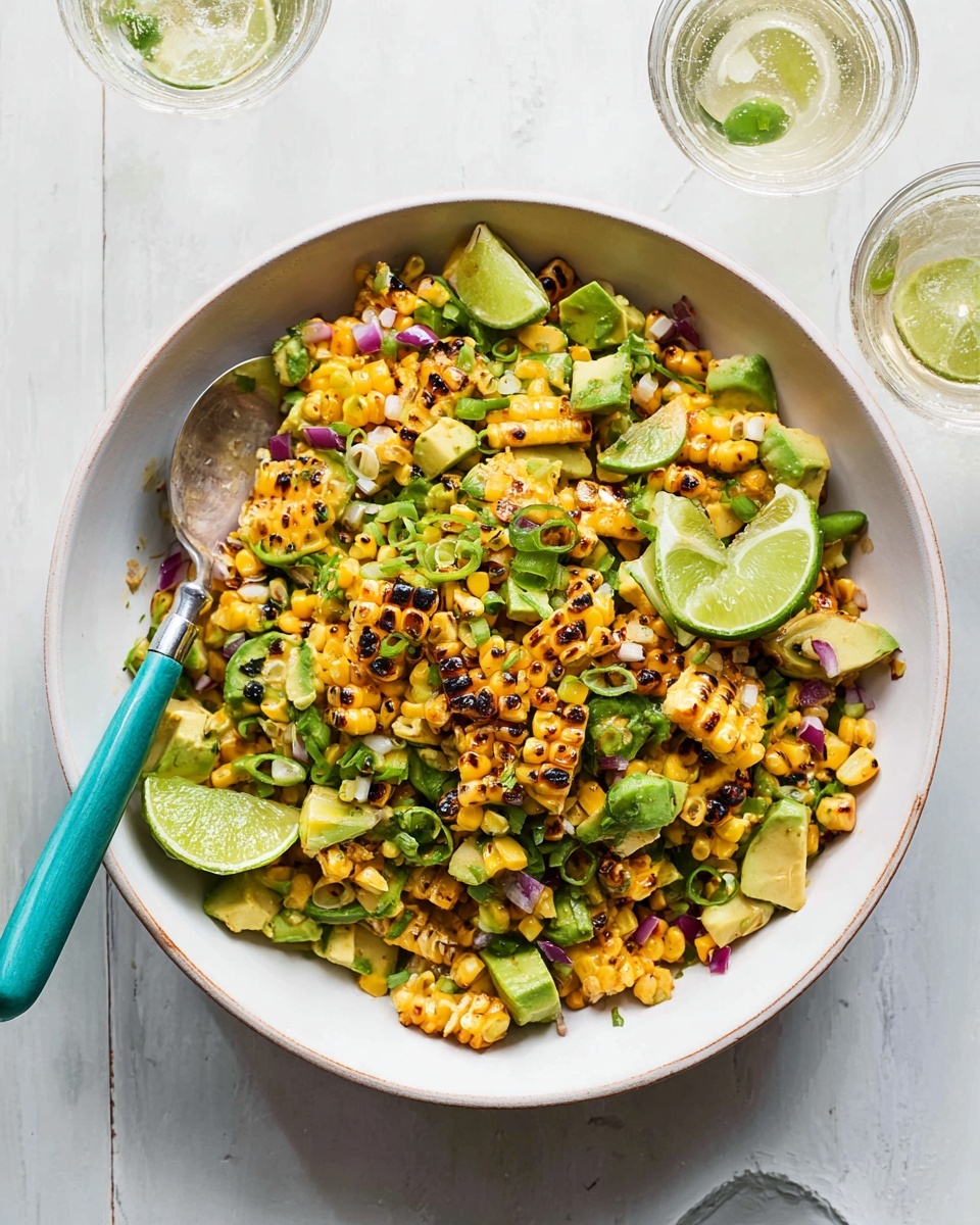 A white bowl filled with a colorful salad made of grilled corn kernels showing charred black spots, mixed with chopped green bell peppers, small pieces of avocado, and bits of red onion. The salad is topped with lime wedges around the edges and finely chopped green onions scattered on top. A teal spoon rests inside the bowl on the left side. The bowl sits on a white marbled surface with three clear glasses of sparkling water partly visible around it. Photo taken with an iphone --ar 4:5 --v 7