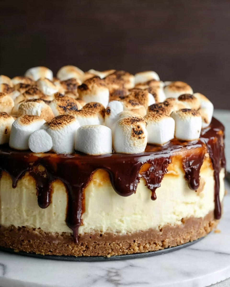 The image shows a tall cheesecake with three visible layers. The bottom layer is a light brown, crumbly crust. Above this is a thick, creamy pale yellow cheesecake layer. The top layer consists of white mini marshmallows toasted to light brown on top. A rich, dark brown chocolate sauce drips down the sides from underneath the marshmallows. The cheesecake is on a white marbled surface. photo taken with an iphone --ar 4:5 --v 7