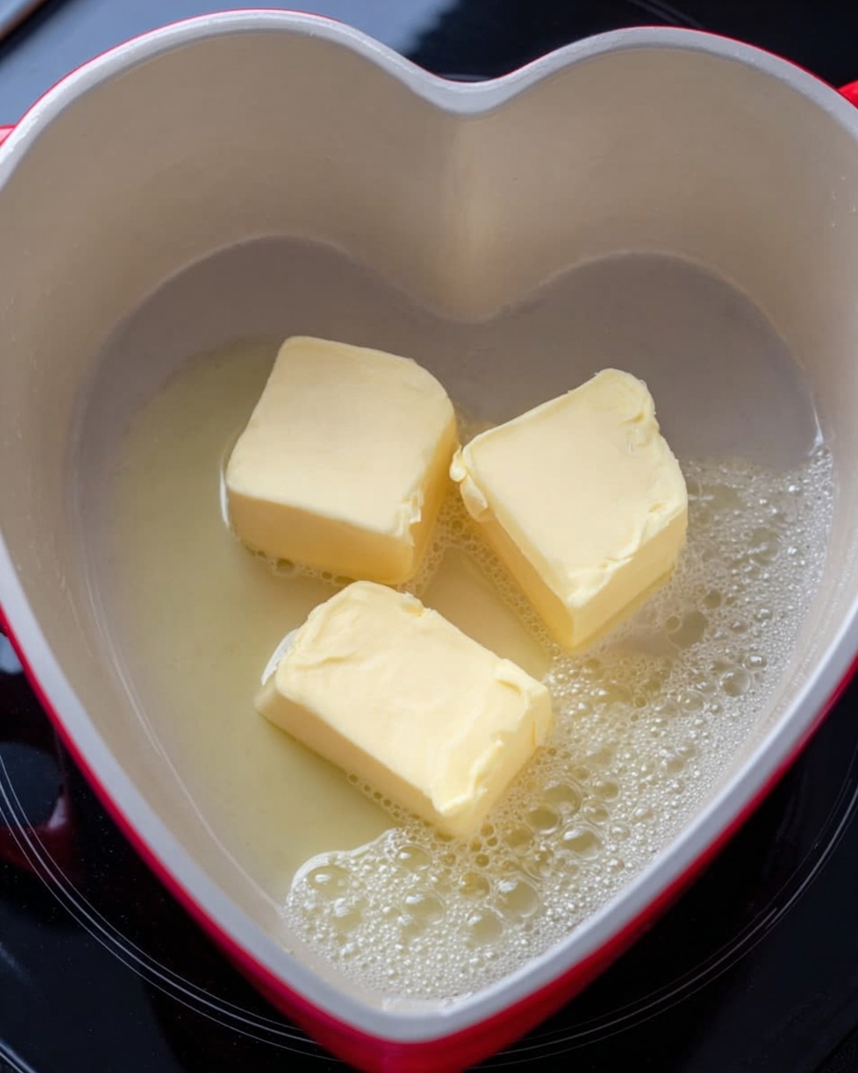 A heart-shaped white pot with a red outer edge holds three melting pieces of pale yellow butter, two larger rectangular chunks and one smaller, sitting near the center with soft bubbles forming around them. The pot is placed on a black stove, and the close-up view shows the smooth, shiny surface of the butter slowly turning to liquid. The background is a white marbled texture photo taken with an iphone --ar 4:5 --v 7