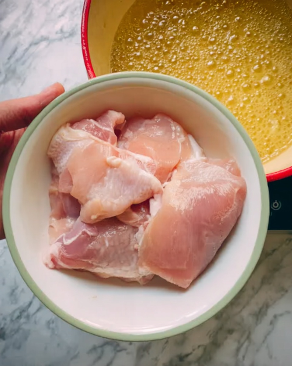 A white bowl with light green rings around the edge holds several raw, pale pink chicken thighs with smooth skin and some white fat. A woman's hand grips the side of the bowl, positioning it above a red pot filled with golden boiling liquid with bubbles rising to the surface. The pot sits on a stove against a white marbled texture background. photo taken with an iphone --ar 4:5 --v 7
