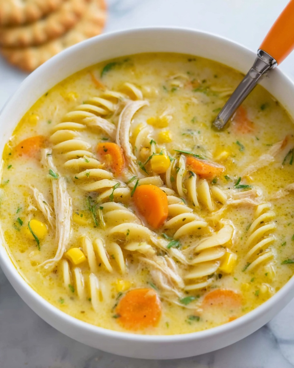 A white bowl filled with a creamy yellow soup showing several thick spiral noodles, bright orange carrot slices, yellow corn kernels, and light beige shredded chicken pieces. Small green herbs are sprinkled throughout the soup, adding specks of color. A spoon with an orange handle is inside the bowl, resting on the soup near the top edge. The bowl is set on a white marbled surface with a blurred cracker in the background. Photo taken with an iphone --ar 4:5 --v 7