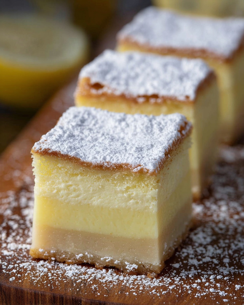 Three square pieces of layered cake are shown close up, each with two layers: a thick, smooth pale yellow bottom layer and a lighter, fluffy top layer with a light brown crust. The top is dusted with white powdered sugar, giving a soft, powdery look. The pieces are set in a row on a wooden surface with some powdered sugar scattered around. The background is softly blurred to focus on the front cake piece. photo taken with an iphone --ar 4:5 --v 7
