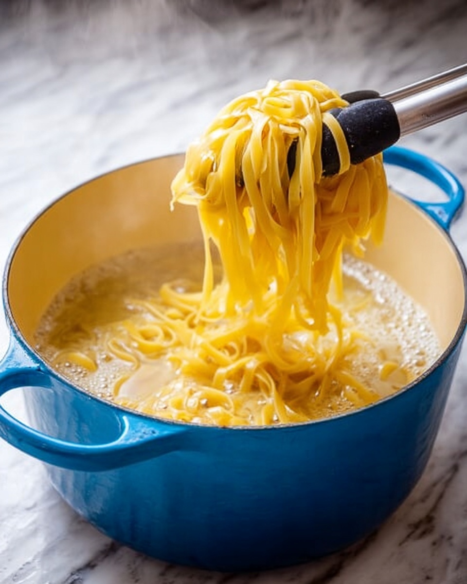 A large blue pot filled with bubbling light yellow water where wide yellow pasta noodles are being lifted with a silver and black pasta fork, steam rising gently from the pot. The pot is sitting on a white marbled surface. photo taken with an iphone --ar 4:5 --v 7