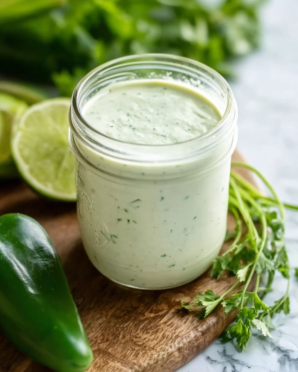 The image shows a clear glass jar filled with a creamy, pale green sauce with visible tiny green herbs mixed in. The jar is open and placed on a wooden surface, with fresh green herbs, a green pepper, and two lime halves in the background. The colors are mostly green and white, creating a fresh and natural feel. The background surface is changed to a white marbled texture, softly blurred to keep focus on the jar of sauce. photo taken with an iphone --ar 4:5 --v 7