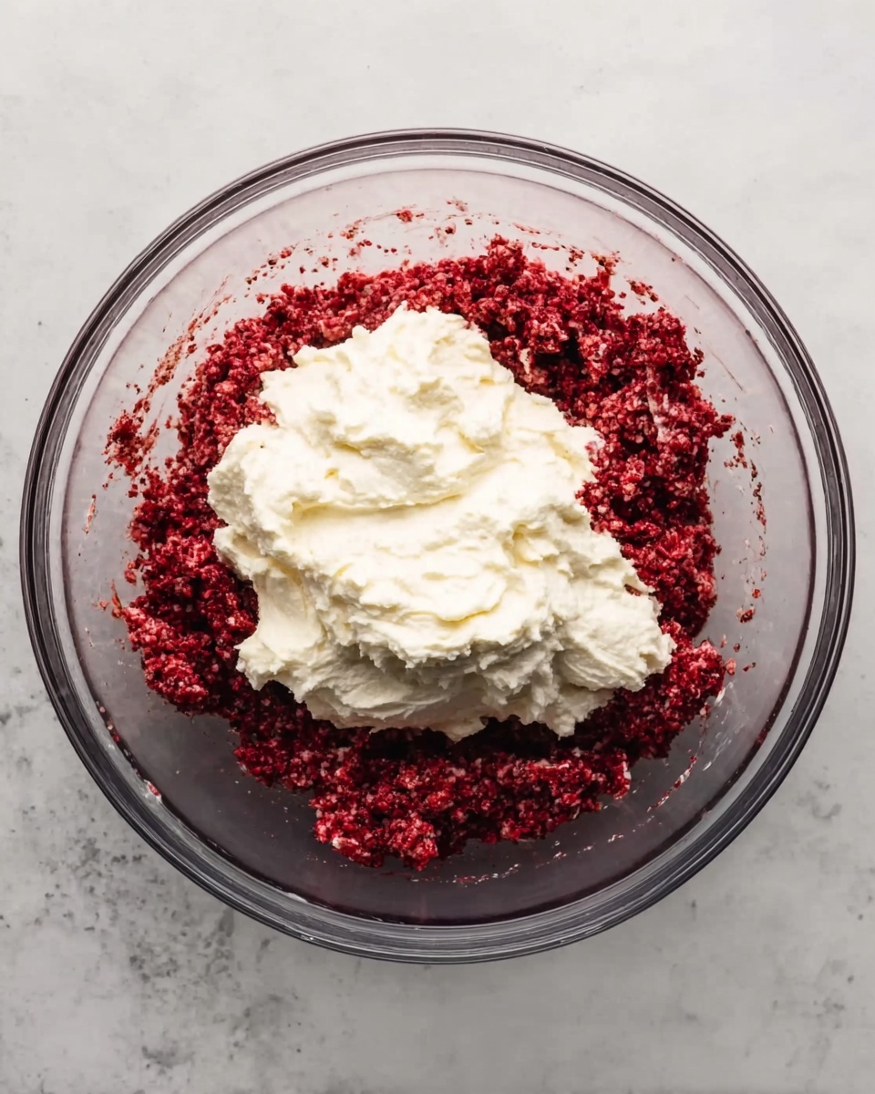 A clear glass bowl holds two layers of ingredients seen from above. The bottom layer is a rough, deeply red mixture with small chunks, covering the whole base of the bowl. On top, there is a thick, creamy white layer with a soft, smooth, and slightly uneven texture, piled mainly in the center but spreading out a bit. The bowl is set on a white marbled surface. photo taken with an iphone --ar 4:5 --v 7