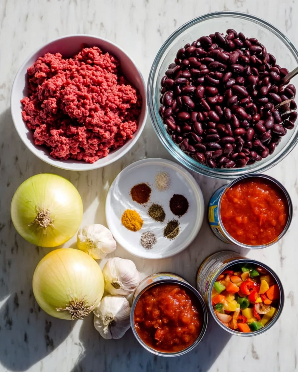 A top view of several bowls and cans with ingredients arranged on a white marbled surface. On the top left, a white bowl holds raw red ground meat with a soft texture. Below it are two whole yellow onions with smooth skin and three garlic cloves with white papery layers. To the right of the meat, a small white plate contains four small piles of spices in different colors: reddish-brown, yellow, white, and black specks. Above this plate is a large clear glass bowl filled with dark red kidney beans showing shiny, smooth textures. To the right, there are three open cans: one with red mixed vegetables in sauce, another with solid red tomato sauce, and the last one with a colorful vegetable mix with orange and green colors with a spoon inside. Below the kidney beans, another clear glass bowl shows black beans with a matte surface. The setting is bright with natural light. Photo taken with an iphone --ar 4:5 --v 7