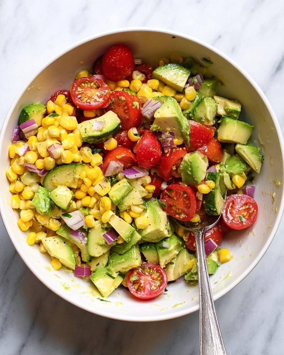 A white bowl filled with a colorful salad showing three main layers: bright yellow corn pieces with visible kernels, red halved cherry tomatoes, and green chunks of avocado and cucumber. Small bits of red onion are scattered throughout, adding texture and a slight purple tint. A metal spoon is partially immersed on the right side of the bowl, mixing the ingredients. The bowl sits on a white marbled surface photo taken with an iphone --ar 4:5 --v 7