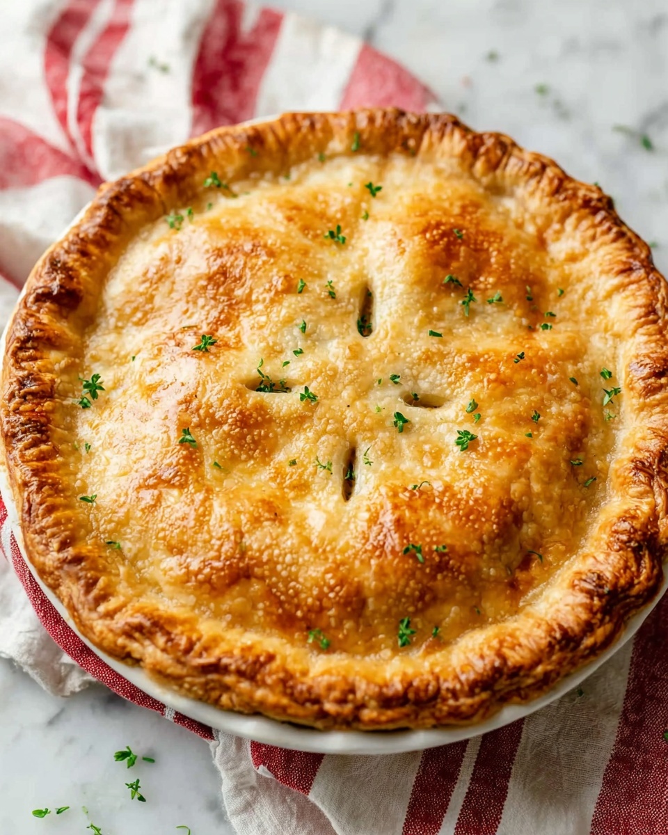 The image shows a round pie in a white ceramic dish with a golden brown crust. The crust is thick and crimped around the edges, with a shiny, textured surface. There are four small slits in the center of the pie, decorated with small green herbs scattered on top. The pie sits on a white marbled surface with a red and white striped cloth underneath. The overall look is warm and rustic, highlighting the flaky, baked crust. photo taken with an iphone --ar 4:5 --v 7