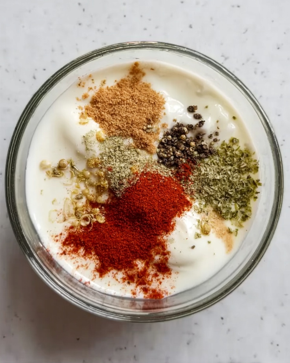 A clear glass bowl on a white marbled surface holds a creamy white yogurt base. On top of the yogurt, several spices are sprinkled in small patches: bright red paprika low left, light brown ginger powder near the top center, dark brown black pepper near the top right, green dried herbs to the left and center right. The yogurt looks smooth and thick, and the mix of spice colors creates a visually interesting pattern. Photo taken with an iphone --ar 4:5 --v 7