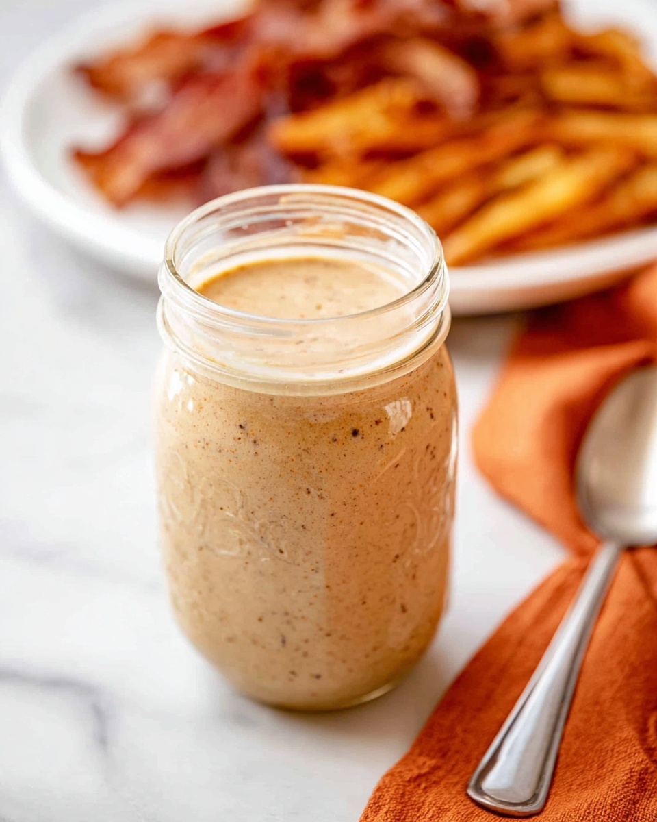 A clear glass jar filled to near the top with a thick, creamy light tan sauce that has small dark specks mixed throughout, sitting on a white marbled surface. Behind the jar, there is a white plate holding golden brown crispy fries and crispy bacon strips that are slightly blurred in the background. To the right of the jar, an orange cloth napkin rests on the surface with a shiny silver spoon on top of it. photo taken with an iphone --ar 4:5 --v 7