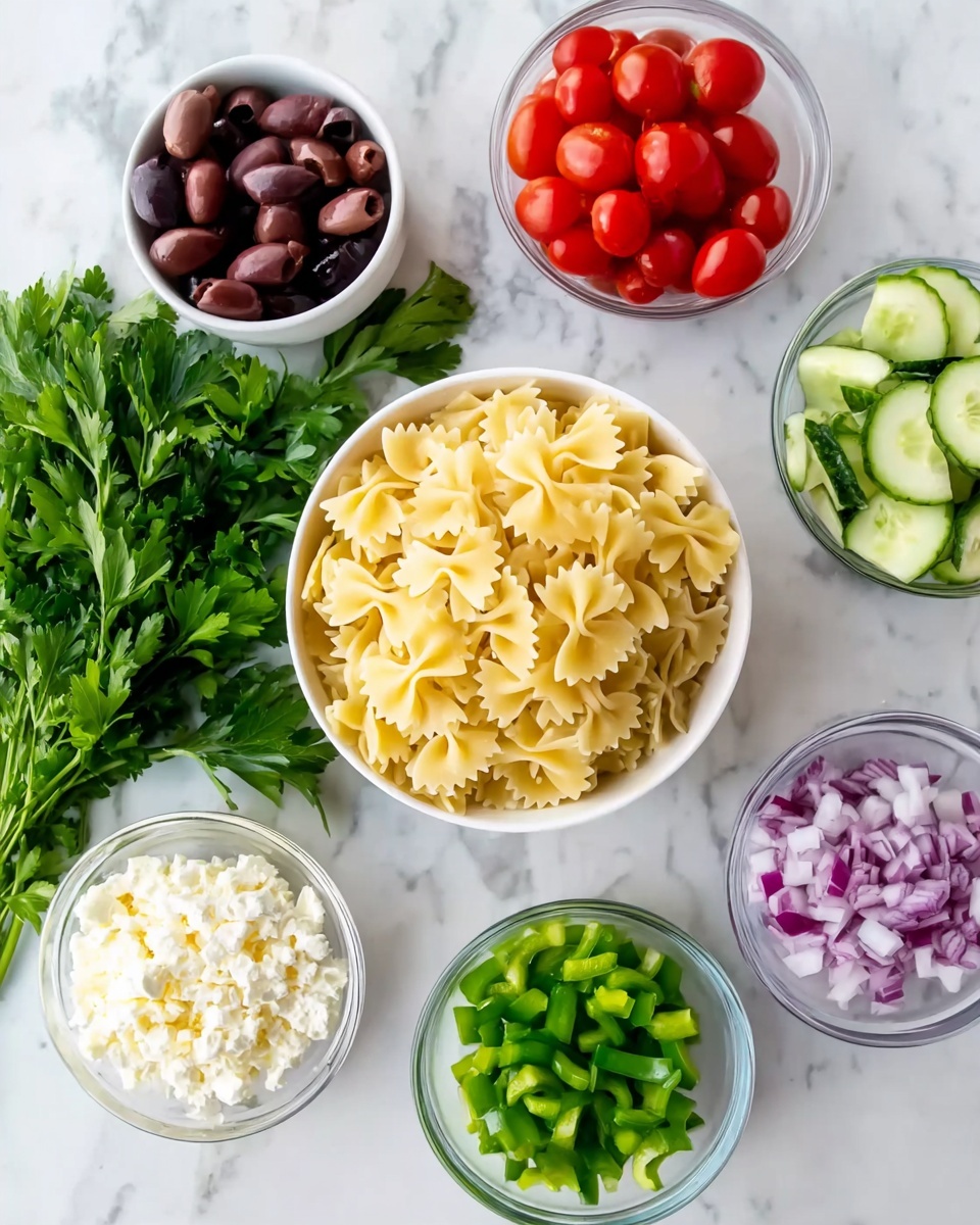 The image shows seven small bowls placed on a white marbled surface around a bunch of fresh green parsley. The largest bowl in the center holds uncooked bowtie pasta in pale yellow, with its folded, ridged edges clearly visible. Surrounding this bowl are six smaller bowls: one with bright red halved grape tomatoes, one with dark purple olives, one with light green sliced cucumbers, one with white crumbly cheese, one with finely chopped purple onions, and one with chopped green bell peppers. All bowls are white or transparent, and the parsley adds a fresh green leafy contrast to the colorful ingredients. Photo taken with an iphone --ar 4:5 --v 7