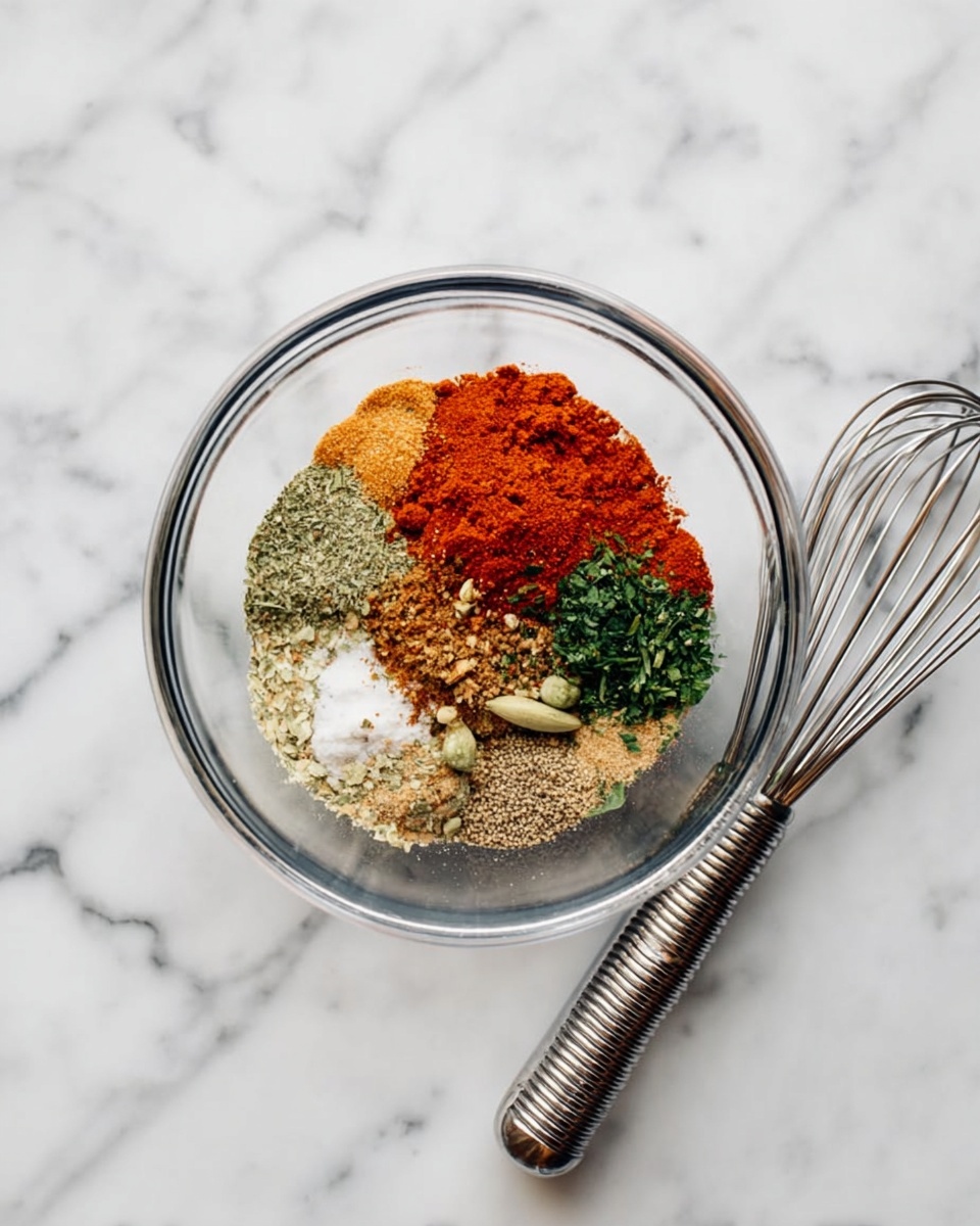 A clear glass bowl sits on a white marbled surface, filled with arranged piles of different spices and herbs before mixing. The spices include bright red, rusty orange, small piles of light brown and sage green, some pale granules, and finely chopped green herbs. A silver whisk with a coiled end lies next to the bowl on the right side. The layers are separate, showing off their different colors and textures clearly. photo taken with an iphone --ar 4:5 --v 7