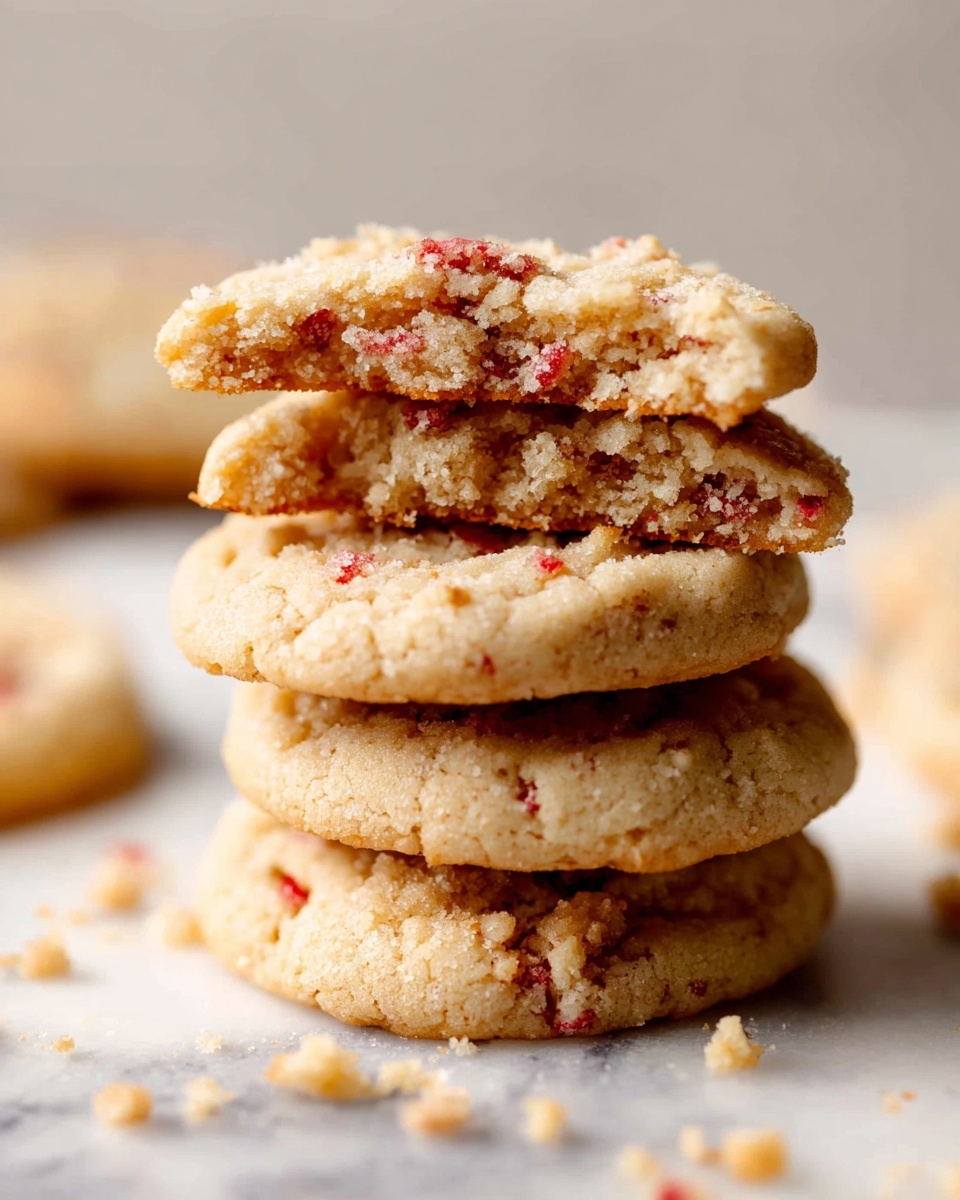 A stack of five round cookies with a crumbly texture rests on a white marbled surface. The cookies are light golden brown with small red specks scattered inside, showing bits of a fruity ingredient. The top three cookies are broken in half and stacked unevenly, revealing their soft, slightly crumbly inside layers that match the outer color with rough, grainy texture. There are cookie crumbs scattered around the stack, adding a casual feel to the scene. The focus is tight on the cookies, with a soft blurred background, capturing details of the crumbly texture and small red bits. Photo taken with an iphone --ar 4:5 --v 7