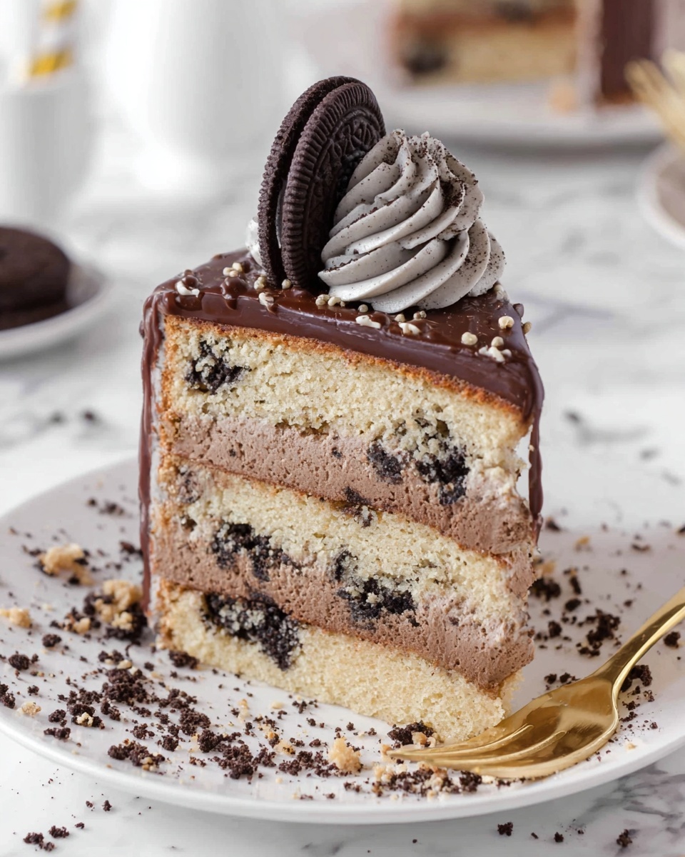 A slice of three-layer cake sits on a white plate with chocolate crumbs scattered around. The bottom and middle layers are light beige sponge cake with dark cookie pieces inside. Between these cake layers are two thick layers of chocolate filling with a smooth texture. The top surface of the cake is covered with shiny, dark chocolate glaze. On top, there is a swirl of light grayish whipped cream with small cookie bits and a half chocolate cookie placed upright. A gold fork lies on the plate next to the cake slice. The setting is on a white marbled surface with blurred background elements. Photo taken with an iphone --ar 4:5 --v 7