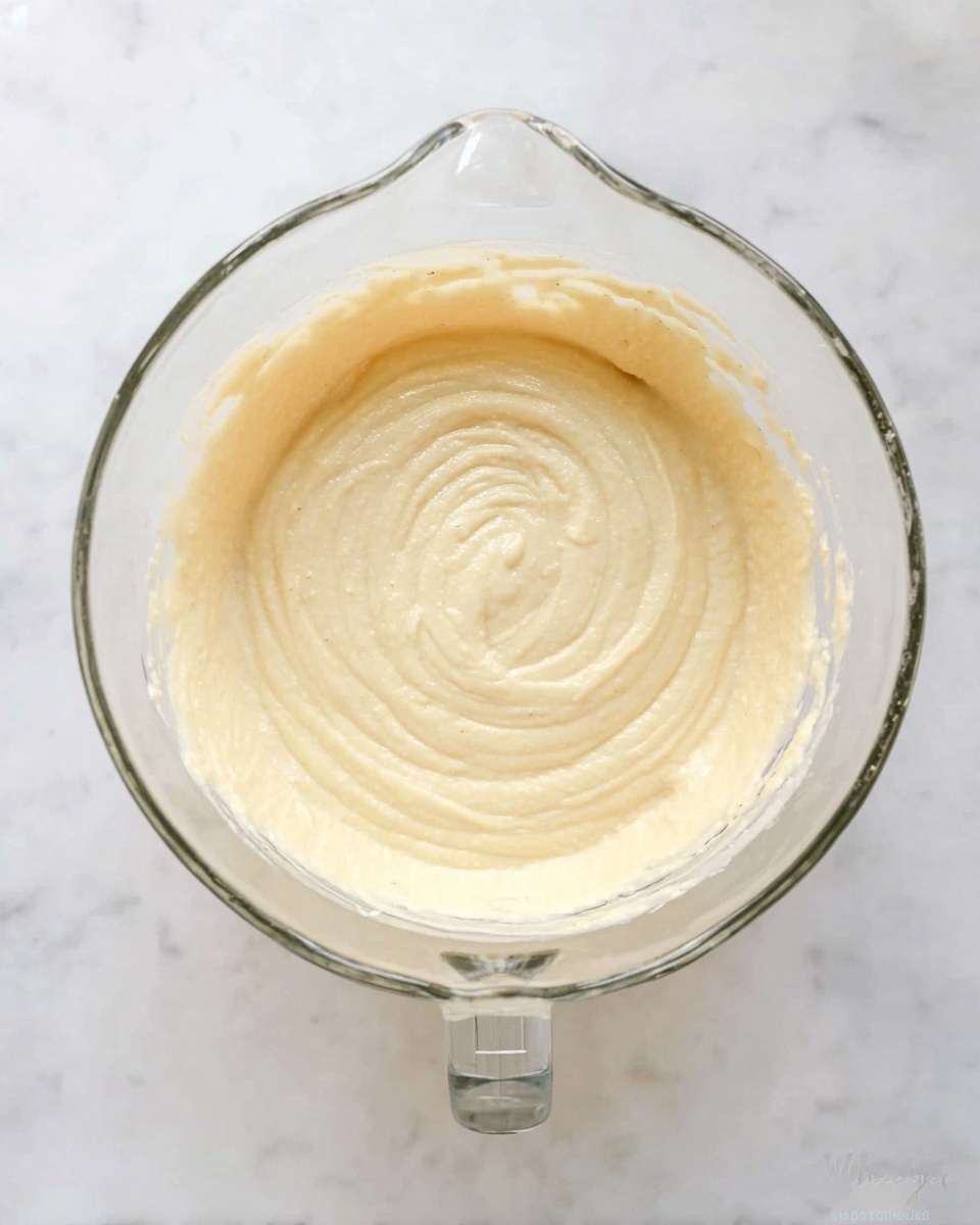 The image shows a clear glass mixing bowl with a handle, filled with a smooth, pale yellow batter that looks thick and creamy. The batter fills most of the bowl, with a slight swirl pattern visible on the surface. The bowl sits on a white marbled texture surface, and the lighting highlights the soft texture of the mixture. photo taken with an iphone --ar 4:5 --v 7
