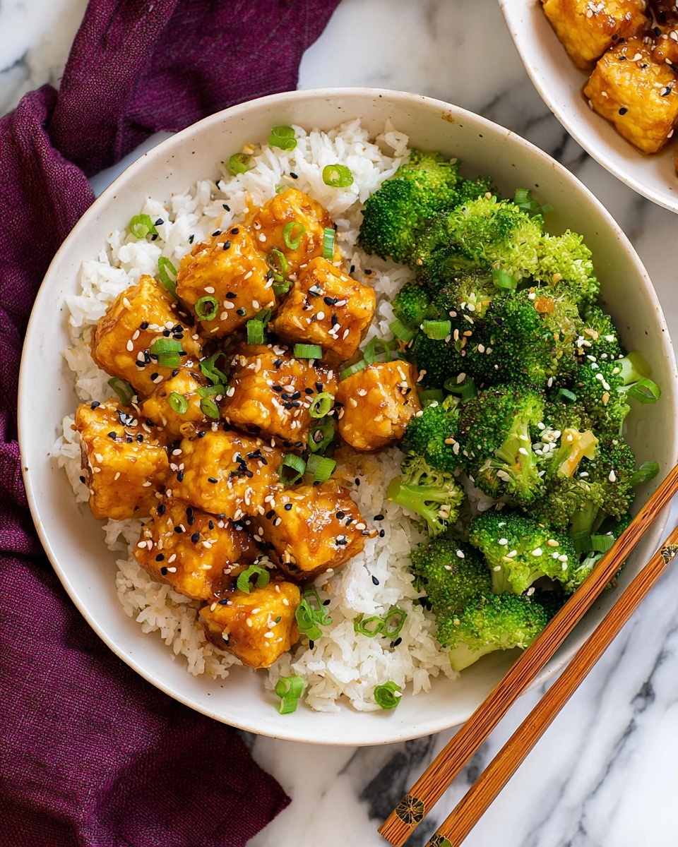 A white round bowl contains three layers: at the bottom is a bed of white steamed rice with a soft texture, on the left side a layer of golden brown tofu cubes coated in a shiny orange sauce, sprinkled with black and white sesame seeds and small chopped green onions, and on the right side bright green steamed broccoli florets with sesame seeds scattered on top. A pair of wooden chopsticks rests on the right edge of the bowl. The bowl is placed on a white marbled surface with a folded dark purple cloth nearby. Photo taken with an iphone --ar 4:5 --v 7