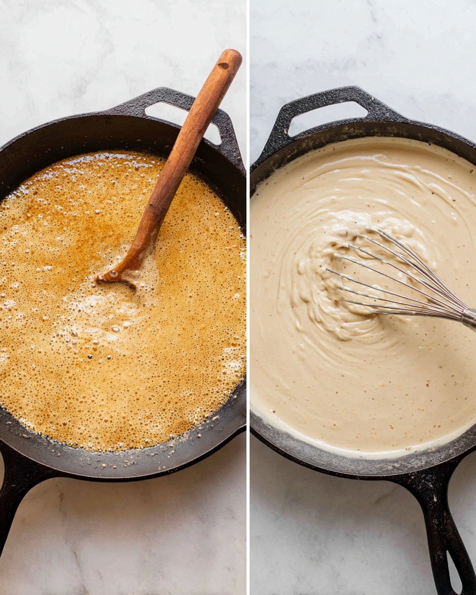 Two images side by side show a cooking process in a black cast iron skillet on a white marbled surface. The left image shows a bubbling, thick golden-brown mixture with a textured, foamy surface, being stirred by a wooden spoon with a brown handle resting inside the skillet. The right image shows the same skillet filled with a smooth, pale beige creamy mixture with some small specks, and a metal whisk stirring the sauce, creating visible swirling patterns. Photo taken with an iphone --ar 4:5 --v 7