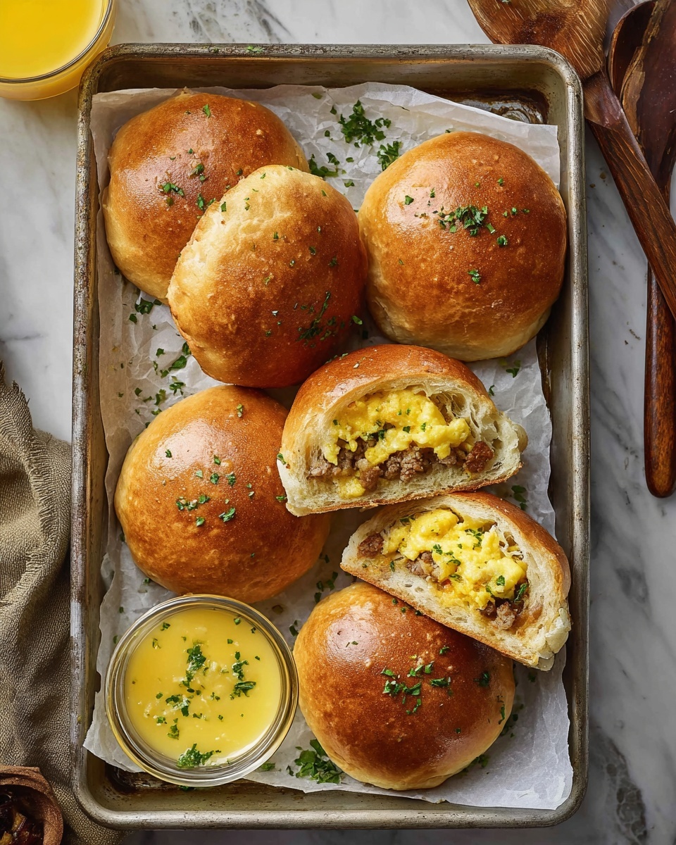 A metal tray lined with white paper holds six golden brown round buns, three of which are sprinkled lightly with chopped green herbs. Two of the buns are cut open to show the insides: a soft, light beige bread layer on the outside, with a middle layer of scrambled eggs in yellow and soft textured cooked sausage pieces in light brown. A small clear glass bowl with melted yellow butter topped with green herbs sits in the bottom left corner of the tray. The tray is set on a white marbled surface with a glass of orange juice and some wooden utensils nearby. photo taken with an iphone --ar 4:5 --v 7