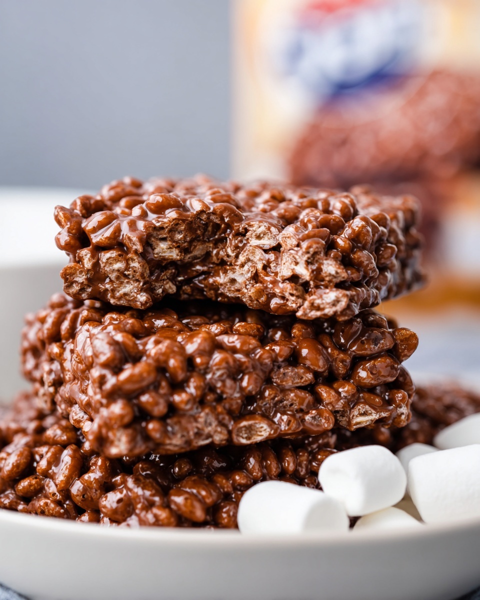 The image shows several round chocolate rice crispy treats on a white marbled surface. Each treat is made of puffed rice cereal coated in a shiny layer of milk chocolate, giving them a slightly bumpy texture. One treat in the center has a bite taken out of it, revealing the crunchy interior. Small pieces of caramel are placed in the top right corner, smooth and glossy with a golden-brown color. Near the bottom center, there is a single small white marshmallow. The arrangement is casual and the focus is close up, capturing the rich, glossy texture of the chocolate coating. photo taken with an iphone --ar 4:5 --v 7