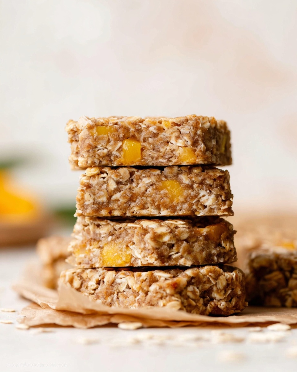 There is a stack of four thick, round oatmeal bars with visible chunks of yellow fruit inside. The texture of the bars looks soft and dense with a rough, uneven surface showing oats and fruit pieces scattered throughout. The two top bars are slightly offset, revealing their interior, while the bottom two slightly touch each other. The stack is placed on crumpled light brown parchment paper on a white marbled surface. The background is softly blurred with light, neutral tones, focusing attention on the oatmeal bars. photo taken with an iphone --ar 4:5 --v 7