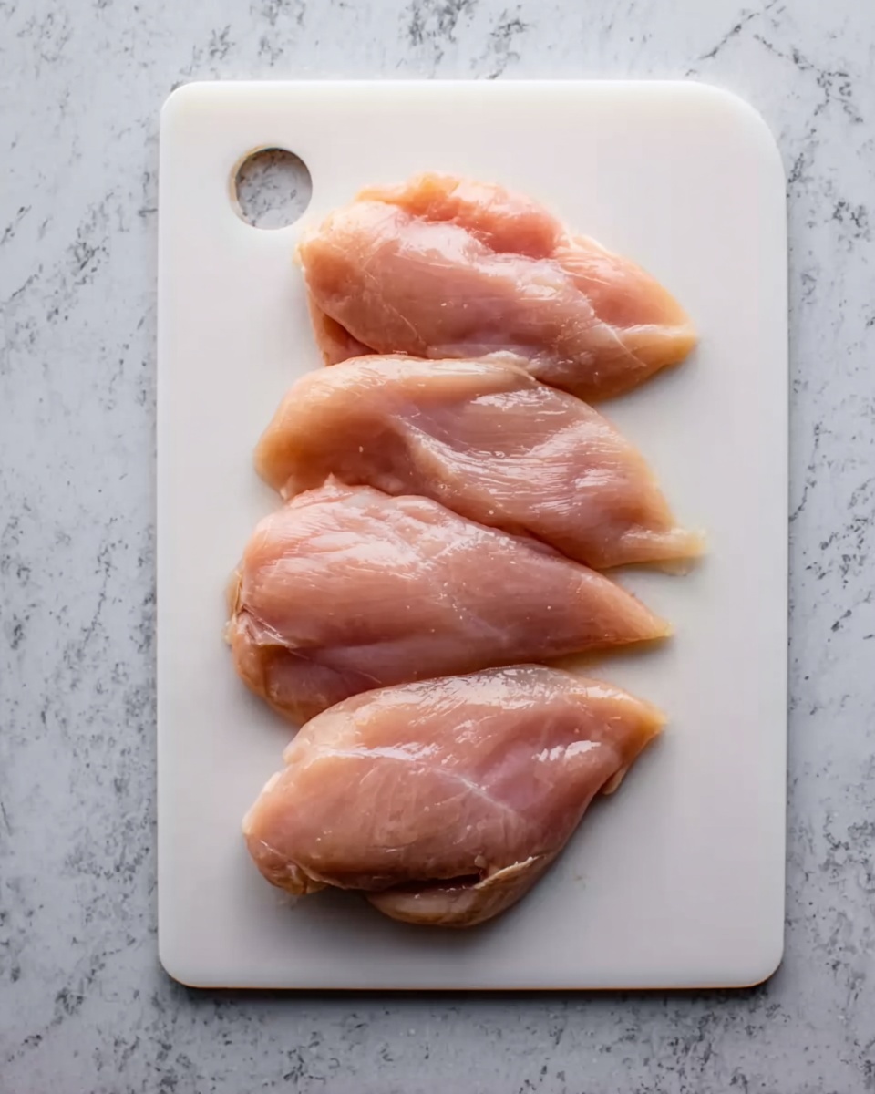 The image shows four raw chicken pieces laid side by side on a white cutting board. Each piece has a smooth, light pink color with a slightly shiny, moist texture. The pieces overlap slightly and are positioned horizontally in the center of the board. The cutting board has a handle opening on the left side and is placed on a white marbled surface. Photo taken with an iphone --ar 4:5 --v 7