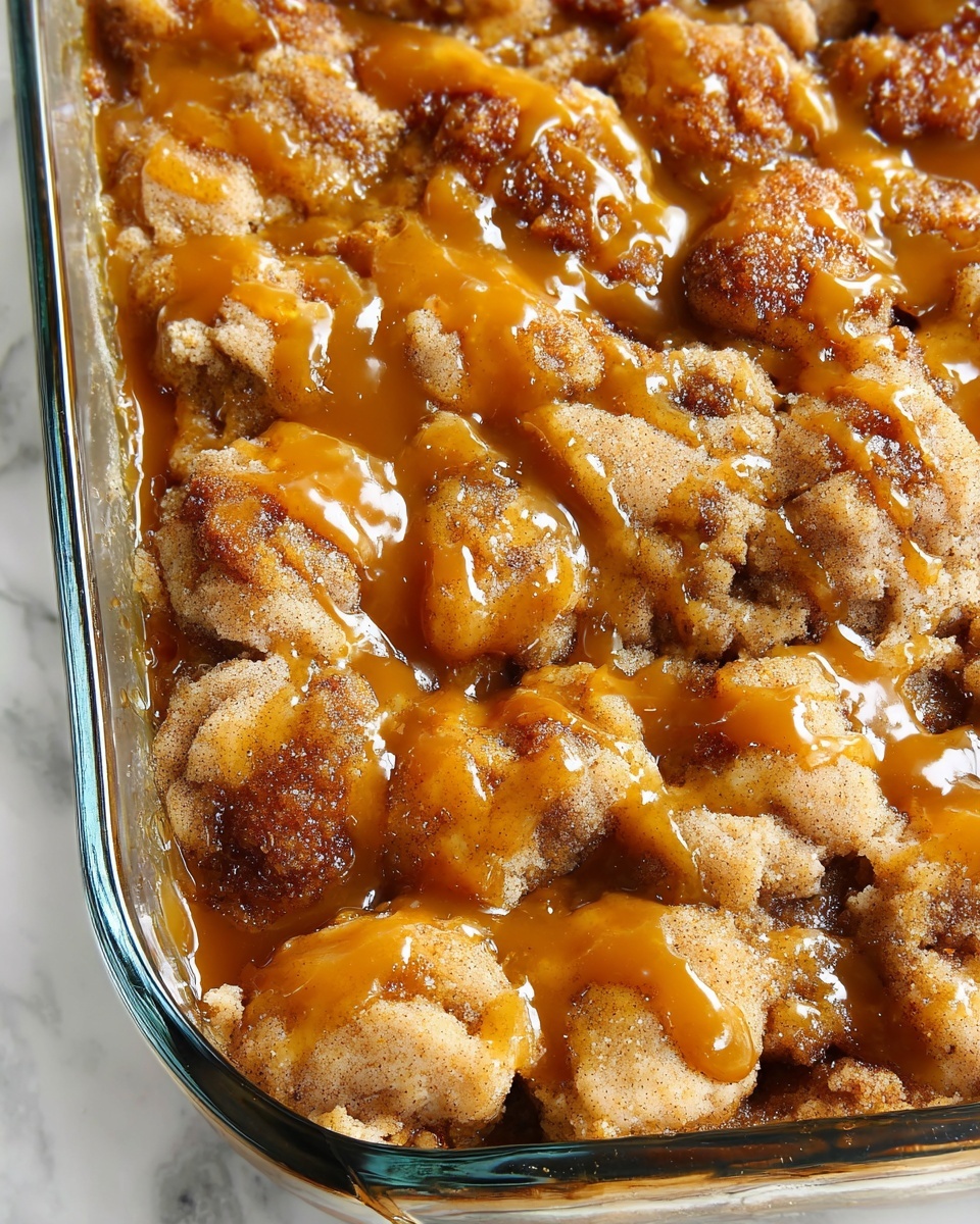 A close-up of a baked dessert in a clear glass rectangular dish sitting on a white marbled surface shows bumpy pieces of soft dough browned with cinnamon and sugar, unevenly spread, covered in a smooth, shiny caramel sauce drizzled generously over the top. The caramel adds a golden amber color that contrasts with the speckled light tan and dark brown of the cinnamon-coated dough pieces. Photo taken with an iphone --ar 4:5 --v 7