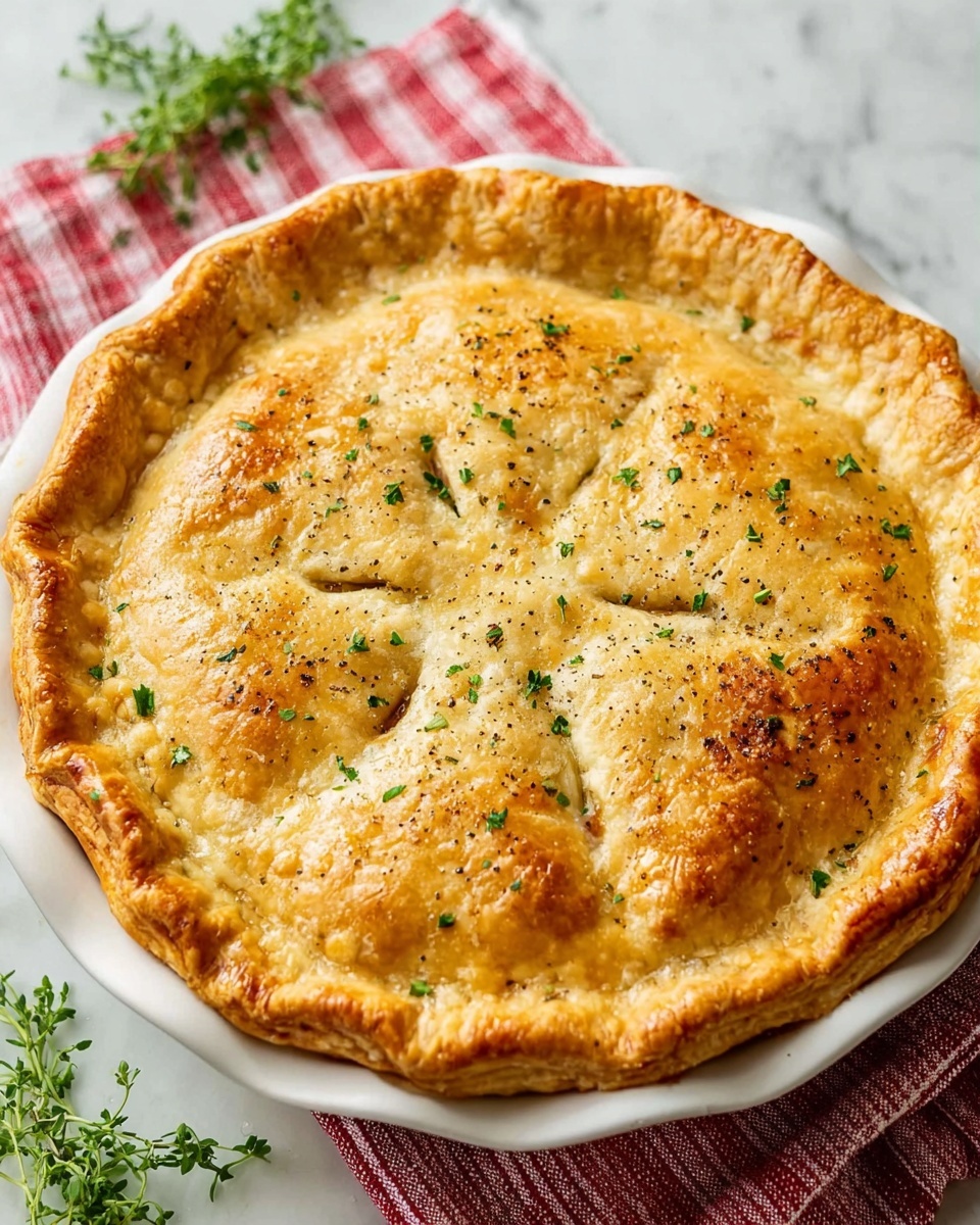 A golden-brown pie with a thick, flaky crust sits in a white round pie dish, its edges crimped tightly around the rim. The top crust is slightly risen with a soft, uneven texture, dotted with small green herb flakes and a light sprinkle of black pepper. The pie’s surface shows five small cuts arranged in a star shape near the center. The dish rests on a white marbled surface over a red and white striped cloth, with some green herb sprigs nearby. photo taken with an iphone --ar 4:5 --v 7
