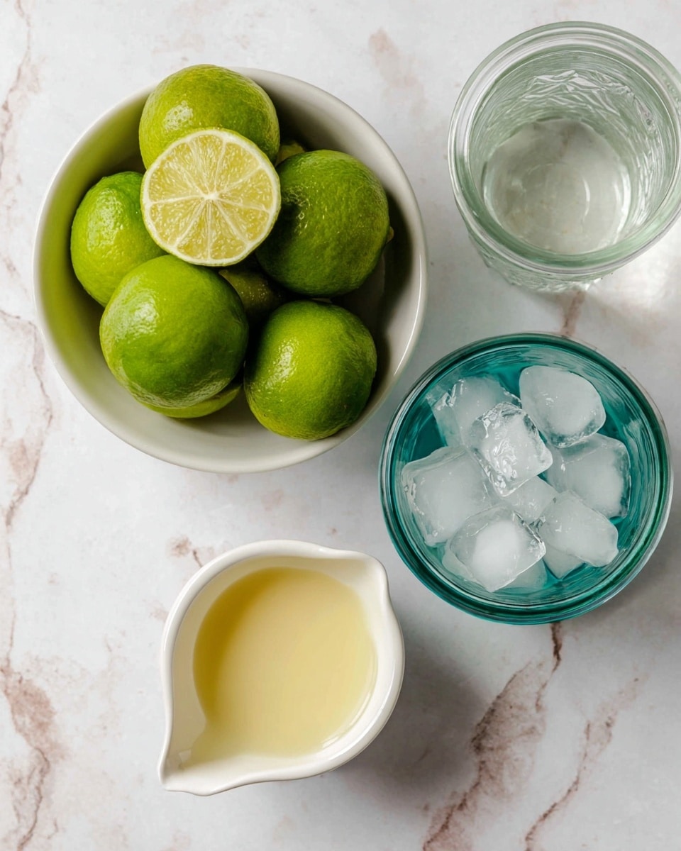 A white bowl filled with whole and quartered limes showing bright green skin and pale green inside is placed on the top left. Below it is a small white pouring cup filled with a light yellow creamy liquid. To the right, there are two glass jars with teal rims; the top jar is filled with clear water, and the bottom jar contains several ice cubes. All containers are placed on a white marbled surface. photo taken with an iphone --ar 4:5 --v 7