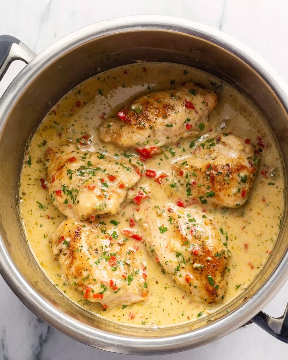 Inside a stainless steel pot, there are four cooked pieces of chicken layered evenly, covered by a creamy, light yellow sauce with visible herbs and small red diced pieces, likely tomatoes. The sauce has a smooth texture with slight specks of green herbs scattered on top and around the chicken pieces. The pot sits on a white marbled surface, and the scene is brightly lit, showing the rich colors and moist texture of the dish. photo taken with an iphone --ar 4:5 --v 7