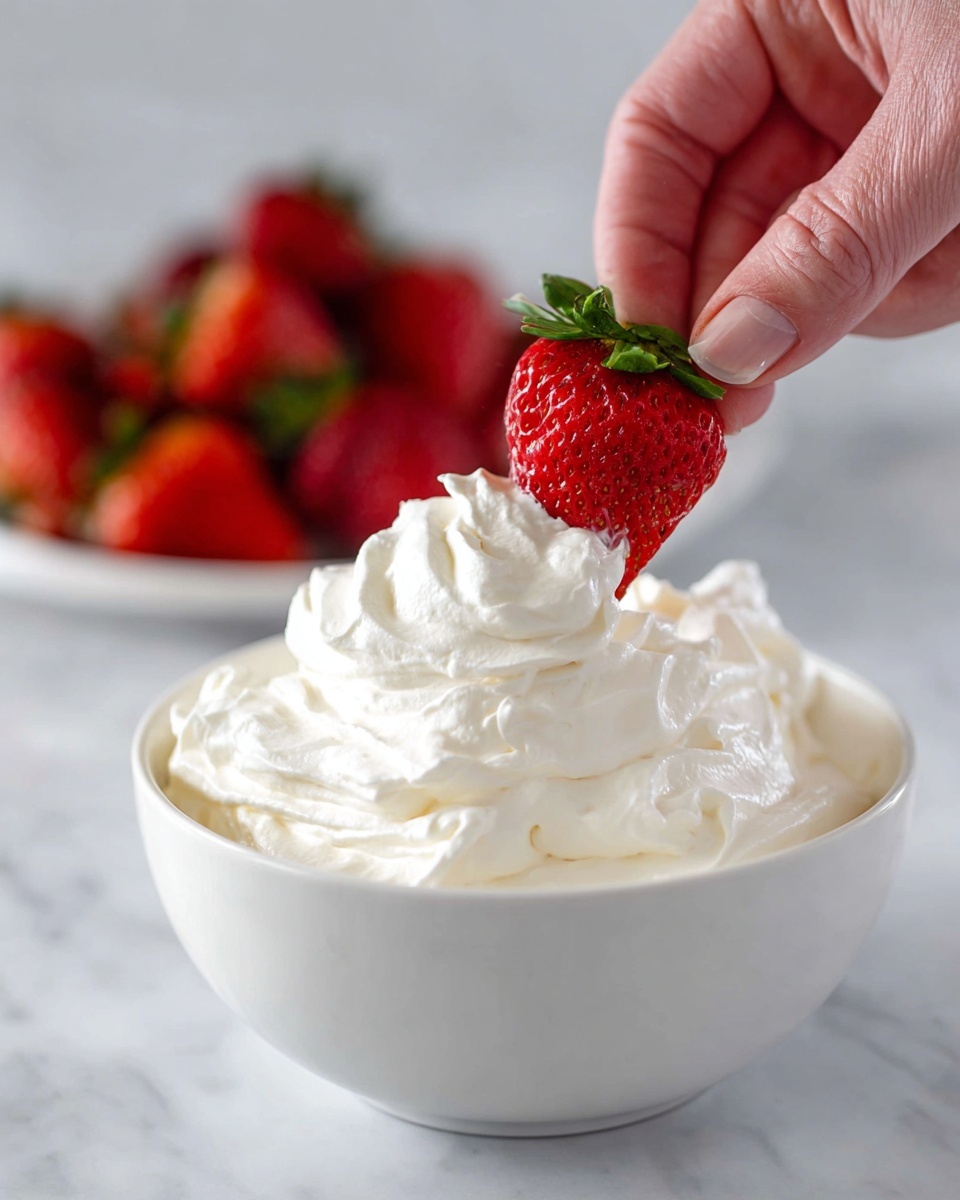 A clear glass jar filled with soft, smooth white whipped cream swirled in thick layers from bottom to top, topped with a bright red strawberry with a green stem. The jar sits on a white marbled surface with a blurred background showing more red strawberries. The texture of the whipped cream looks light and fluffy, with the strawberry adding a fresh, colorful contrast. photo taken with an iphone --ar 4:5 --v 7