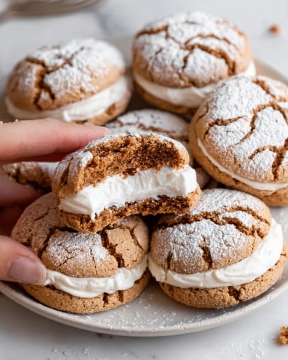 The image shows several round cookie sandwiches on a white plate, placed on a white marbled surface. Each sandwich has two light brown cookies with a cracked texture dusted with powdered sugar, and a thick layer of white cream filling in the middle. One cookie sandwich is broken in half with the filling visible, and a woman's hand is reaching to hold it. The cookies have a slightly rough surface and are all close together in a casual arrangement. Photo taken with an iphone --ar 4:5 --v 7