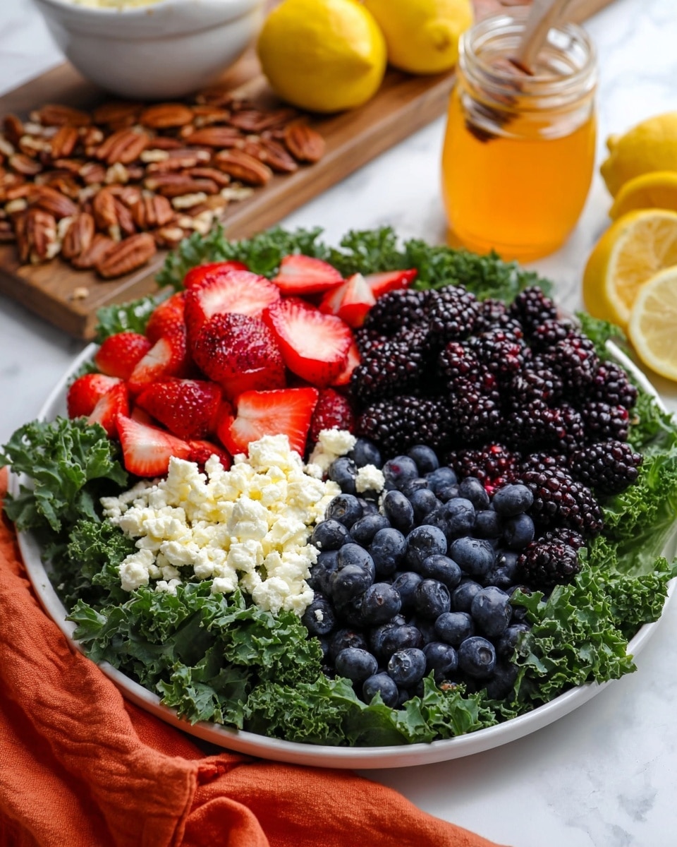 A white plate holds a colorful salad with four main layers: the bottom layer is dark green curly kale leaves covering the whole plate, the second layer includes bright red sliced strawberries arranged in a cluster on the left, next to a small mound of creamy white cheese crumbles at the bottom left, followed by a pile of dark purple blackberries on the right, and a cluster of blue blueberries at the bottom right. In the background, there are yellow lemon halves and a jar of orange honey on a wooden board, with a white marbled surface underneath. A white bowl of pecans is also partially visible near the top left, and an orange cloth is draped near the bottom right of the plate. Photo taken with an iphone --ar 4:5 --v 7