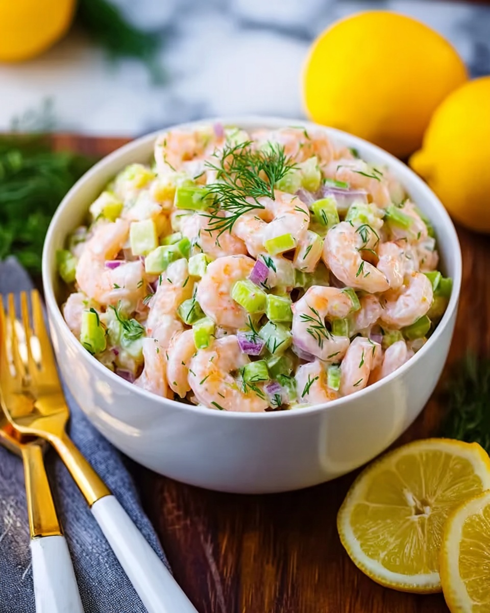 A white bowl filled with a shrimp salad that has a mix of light pink shrimp, small green celery pieces, and tiny bits of purple onions, all topped with fresh green dill; the bowl sits on a dark wooden table with a golden fork with a white handle placed nearby, a white marbled surface in the background, and bright yellow whole lemons along with a lemon half placed near the bowl, creating a fresh and colorful setting photo taken with an iphone --ar 4:5 --v 7