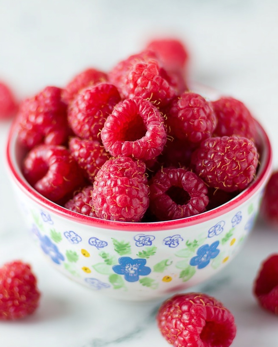 A close-up photo of a small white bowl with a red rim filled with bright red raspberries. The raspberries are fresh and plump, with textured surfaces and small hairs visible. The bowl has a blue flower pattern with small green and yellow flowers around it. Some raspberries are scattered around the bowl on a white marbled surface. The photo has soft natural lighting and a shallow depth of field, focusing on the raspberries inside the bowl. photo taken with an iphone --ar 4:5 --v 7