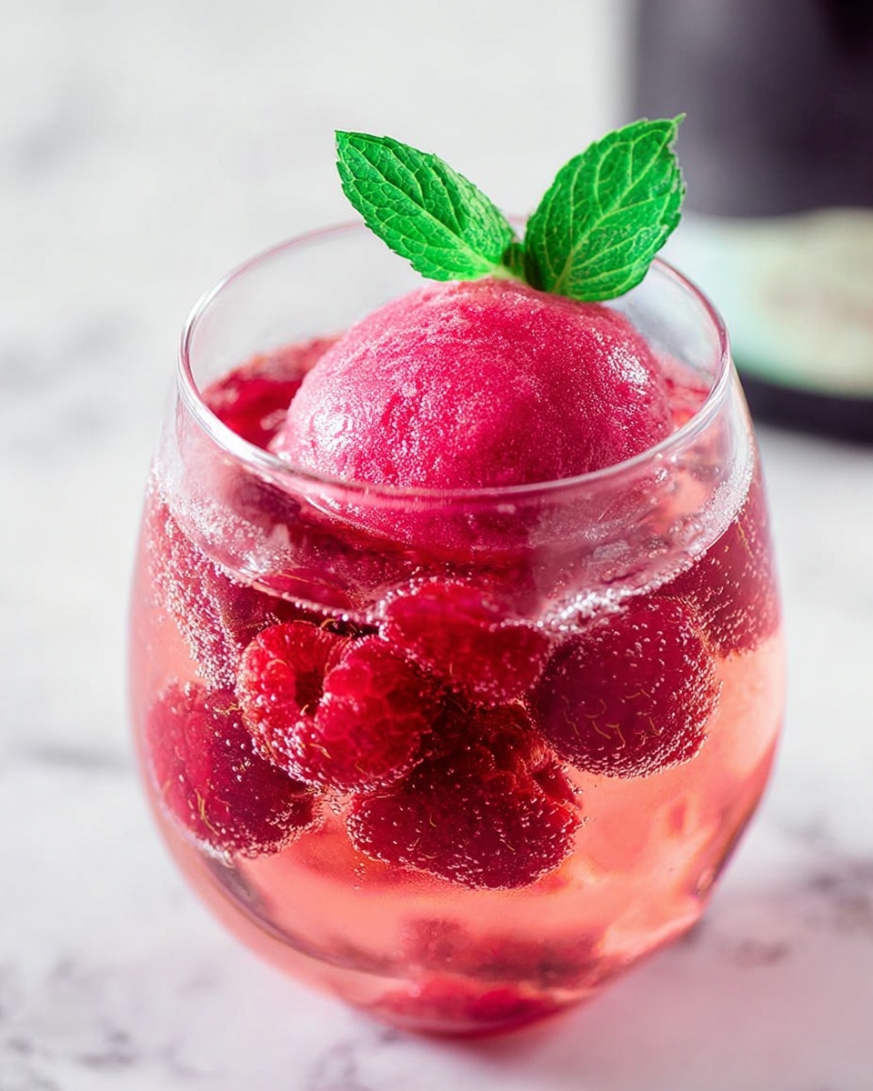 A clear round glass filled with a pink fizzy drink that contains whole fresh red raspberries floating inside. On top of the drink, there is a single scoop of bright dark pink sorbet, which looks smooth and shiny, with two fresh green mint leaves standing upright on the sorbet. The background is a white marbled texture, soft and out of focus. The photo taken with an iphone --ar 4:5 --v 7