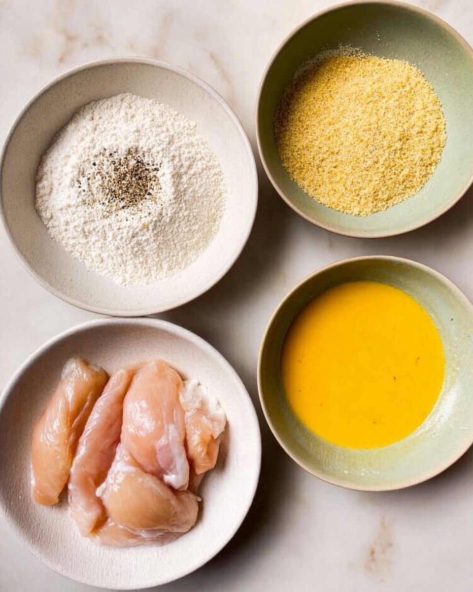 The image shows four bowls on a white marbled surface. The first white bowl at the top left holds a white powdery flour mixture with some black pepper sprinkled on top. The bowl at the top right contains a light tan breadcrumb mixture. The bowl at the bottom right has a bright yellow beaten egg mixture with a smooth texture. The bottom left bowl contains raw pale pink chicken pieces with a a smooth, slightly shiny surface. All bowls are simple and clean, neatly arranged in a loose square shape. Photo taken with an iphone --ar 4:5 --v 7