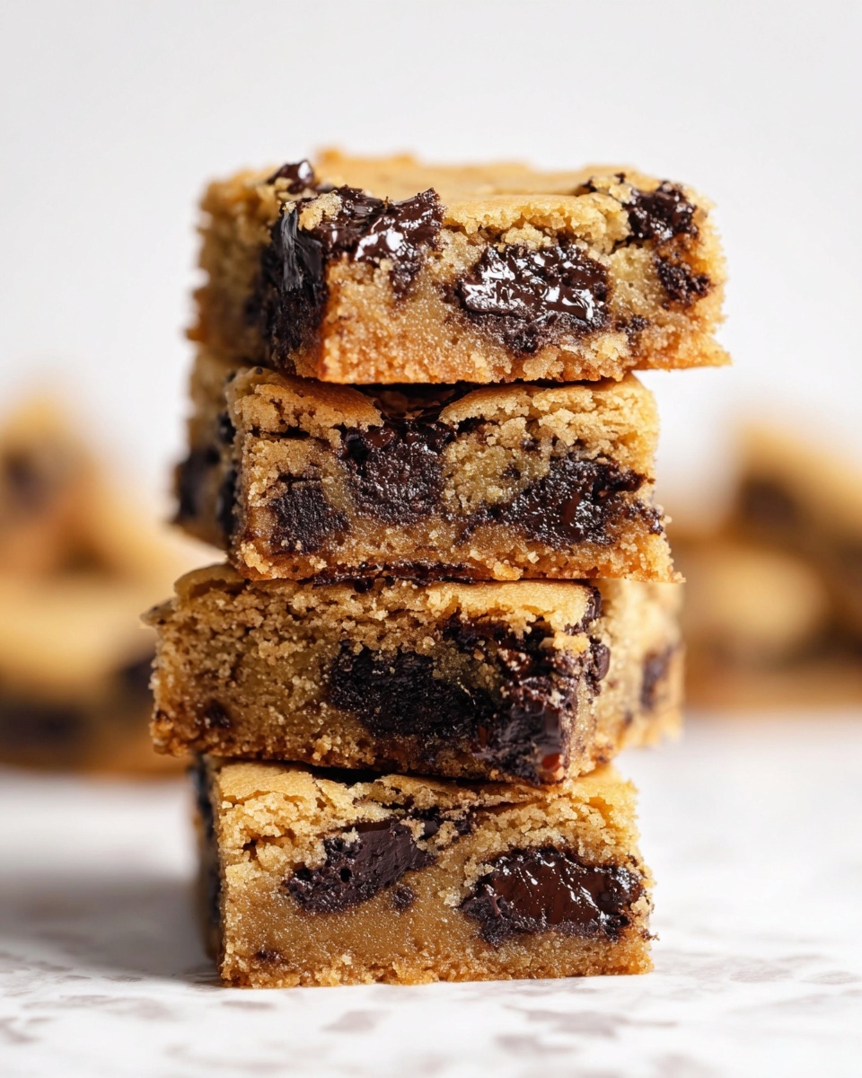 A stack of five square blondie bars sits on a white marbled surface, each bar showing a golden-brown crumb texture filled with large dark chocolate chunks that are melted and shiny. The bars are thick and dense, with rough edges and visible gooey pockets of chocolate inside. The background is plain white, keeping the focus on the stack of rich, soft blondies. photo taken with an iphone --ar 4:5 --v 7