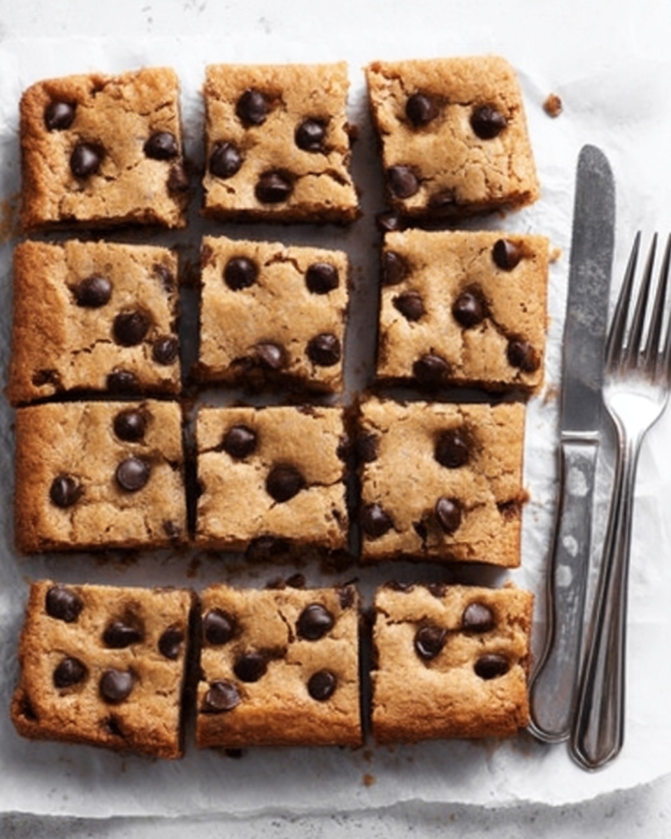 A close-up view of a single square blondie bar with chocolate chips on top and inside, with a bite taken from the front side showing a soft, chewy inner texture with melted chocolate pockets; several more square blondie bars with visible dark chocolate chips are arranged blurred in the background on crinkled white parchment paper, all resting on a white marbled surface photo taken with an iphone --ar 4:5 --v 7