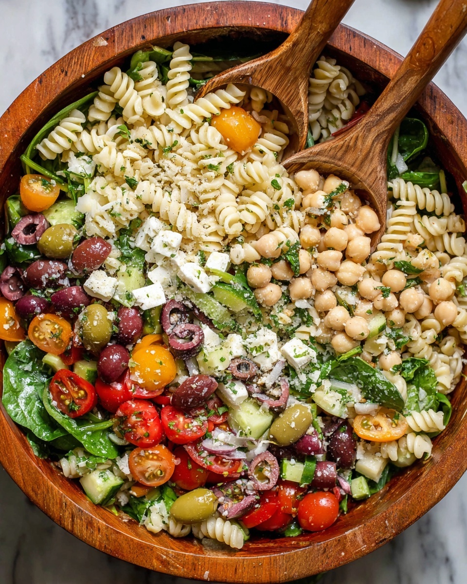 In a wooden bowl, a colorful pasta salad is layered with spiraled rotini pasta that is pale yellow, mixed with halved red cherry tomatoes and small cubes of white cheese. The salad also contains green spinach leaves, light beige chickpeas, and slices of dark purple olives. Bright yellow and orange pepper slices are scattered throughout, with a sprinkle of chopped green herbs and grated pale cheese on top. The bowl sits on a white marbled surface with a soft white cloth beside it, and a small glass bowl filled with a yellow dressing is partially visible in the background. Photo taken with an iphone --ar 4:5 --v 7