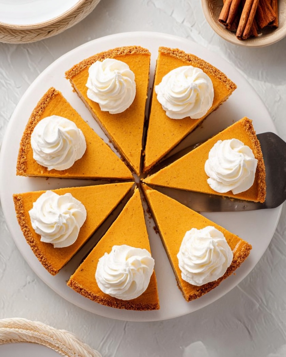 A white round plate holds six slices of pumpkin pie arranged in a circle, each slice showing a smooth orange layer of pumpkin filling on top of a light brown crust. Each slice is topped with a swirl of white whipped cream, placed near the pointed end. One slice is lifted slightly by a metal serving spatula. The plate sits on a white marbled surface. In the background, a small bowl with cinnamon sticks is partly visible. Photo taken with an iphone --ar 4:5 --v 7