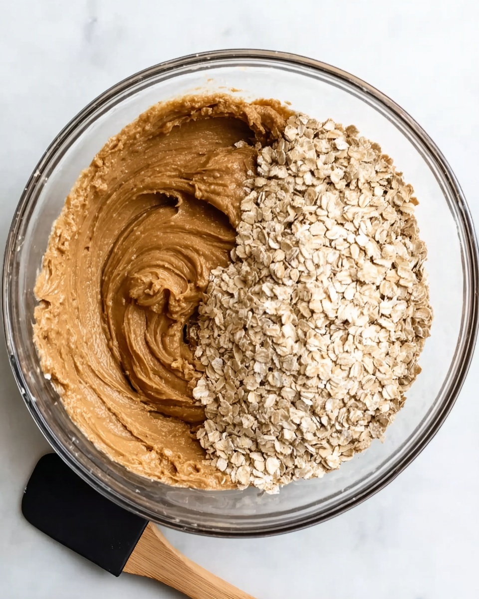 A clear glass bowl sitting on a white marbled surface holds a mixture with two main parts. One side is filled with a smooth, light brown peanut butter mixture that looks creamy and thick, showing swirls from stirring. The other side is piled high with light beige rolled oats, covering almost half the bowl. A black spatula with a light wooden handle rests near the bowl on the surface, slightly angled. The photo taken with an iphone --ar 4:5 --v 7