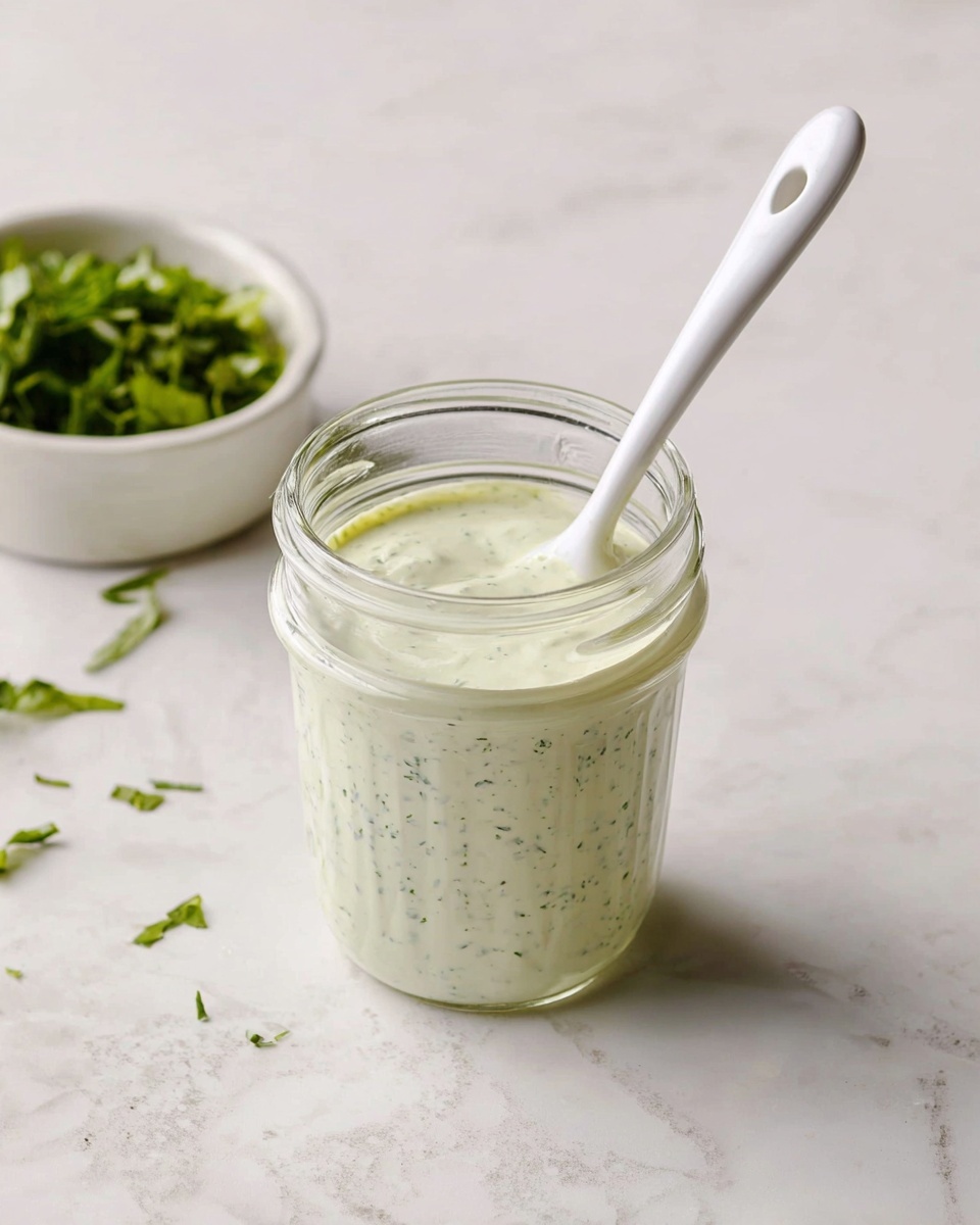 A clear glass jar filled with a pale green creamy sauce that has tiny specks of herbs evenly mixed in. A white ceramic spoon with a small round hole near the top of the handle is placed inside the jar, partially submerged in the sauce. To the left, a white bowl holds chopped green herbs, and small bits of herbs are scattered on the white marbled surface around the jar. The background is softly lit with a clean, white marbled texture. photo taken with an iphone --ar 4:5 --v 7
