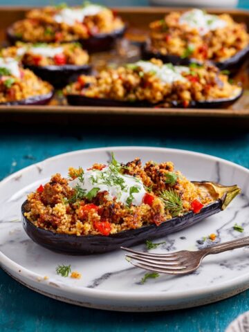 Stuffed Eggplant with Spiced Ground Beef and Couscous Recipe