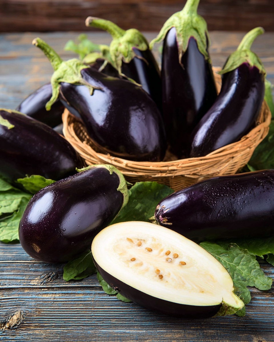 A group of shiny dark purple eggplants is arranged on a wooden surface with some fresh green leaves around for decoration. A few whole eggplants lie flat on the table, with one basket of eggplants slightly tilted to show the glossy skin and green tops. In the front, one eggplant is sliced in half lengthwise, showing its pale, creamy interior with scattered small brown seeds. The scene is natural and rustic with a balance of deep purple, green, and light interior colors. photo taken with an iphone --ar 4:5 --v 7
